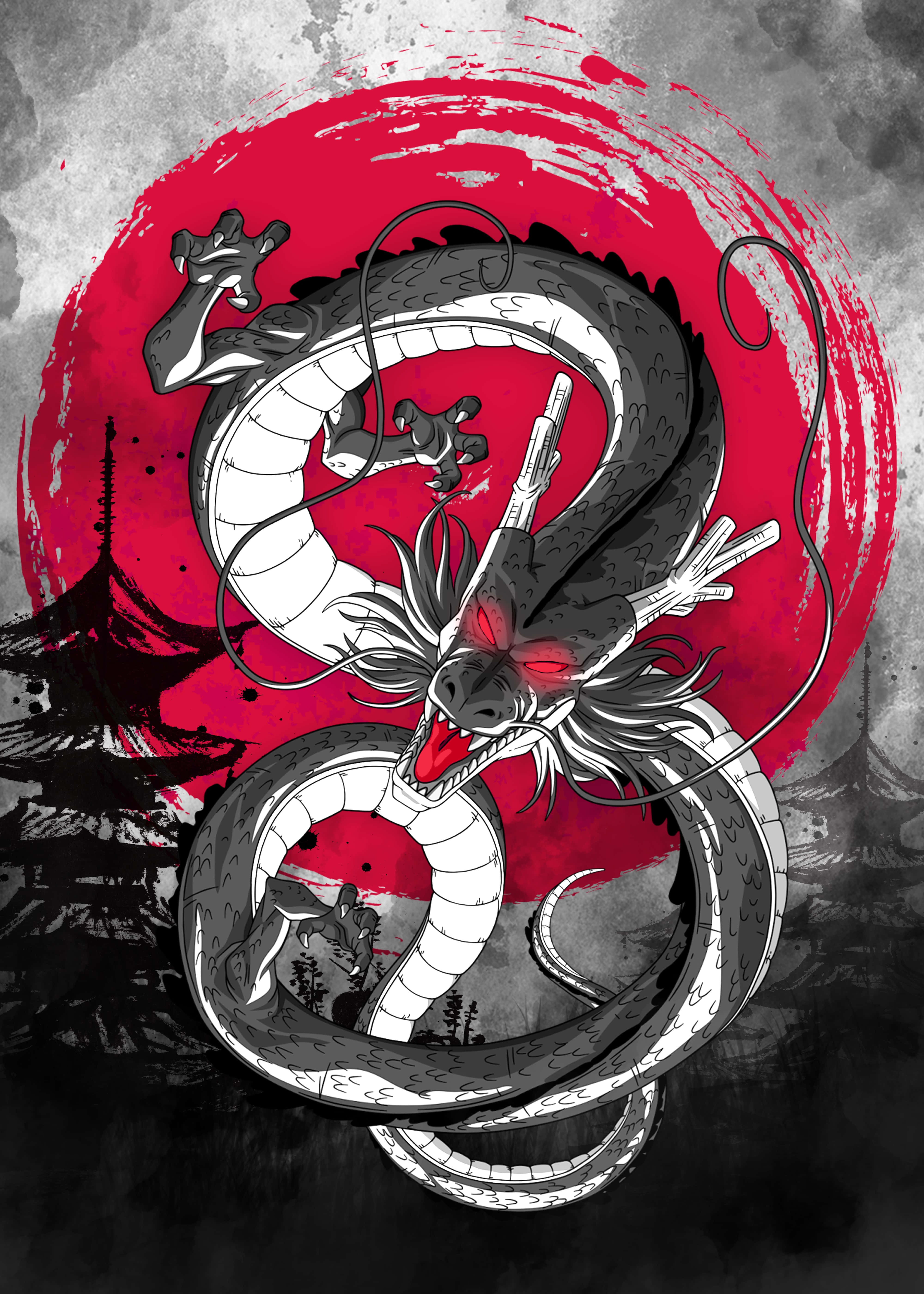 Mystical Dragon, red sun, glowing red eyes, 5K Phone Wallpaper
