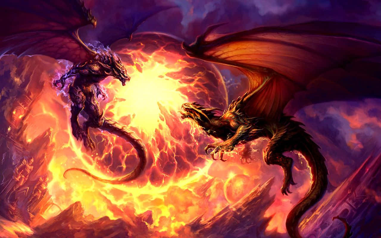 Fiery Awesome Cool Dragon, molten lava, jagged rocks, HD Desktop Wallpaper