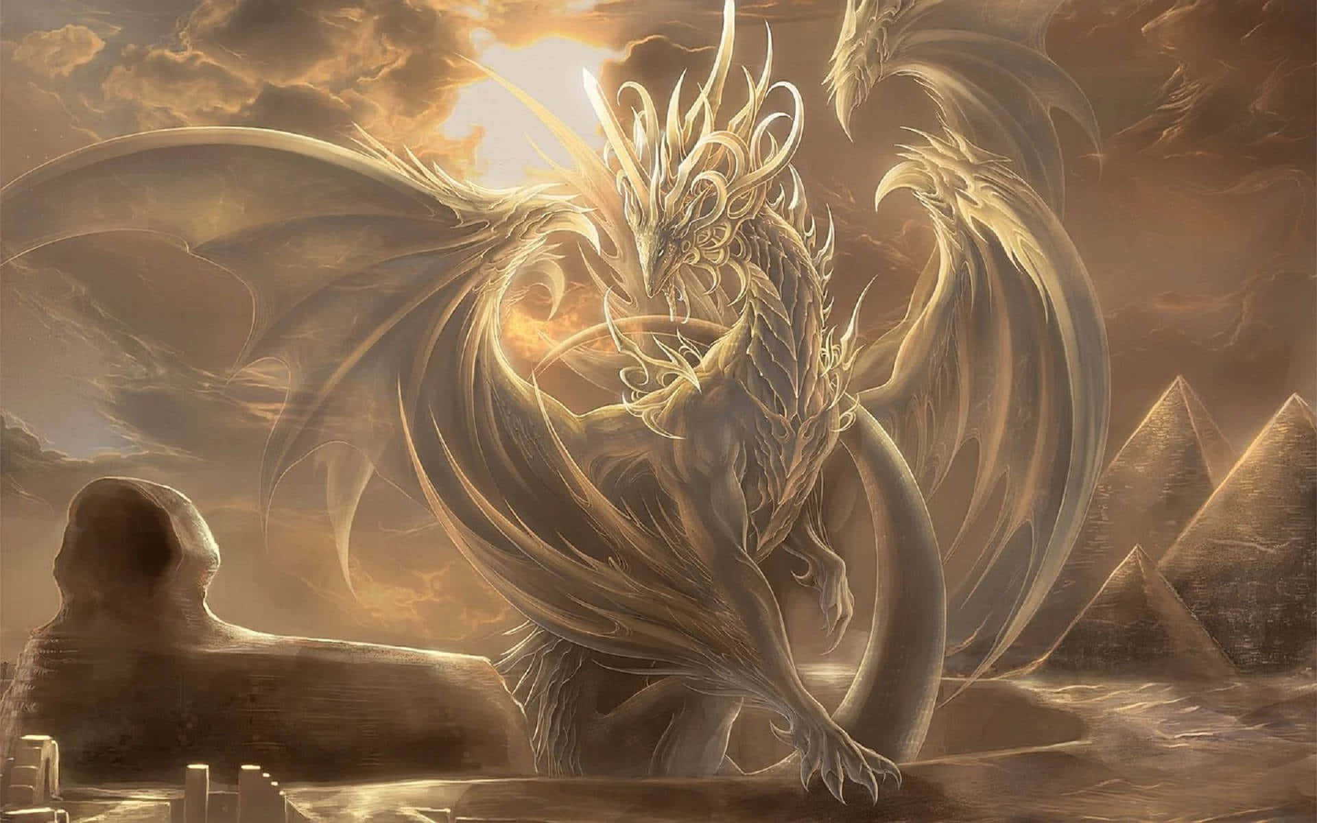 Mystical Dragon, golden dragon, intricate scales, Full HD Desktop Wallpaper