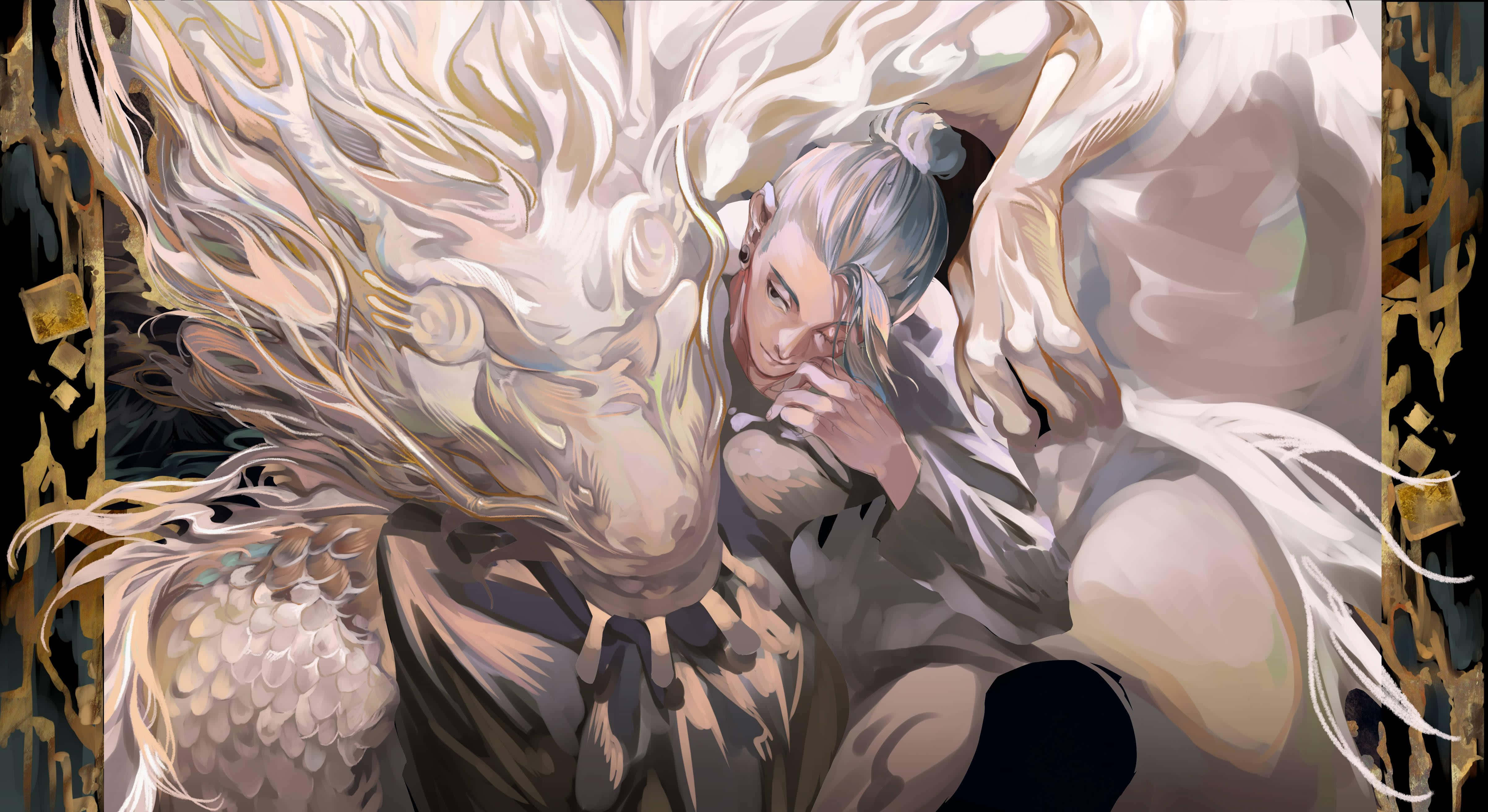 Mystical Dragon, warrior, anime-style, 4K Desktop Wallpaper