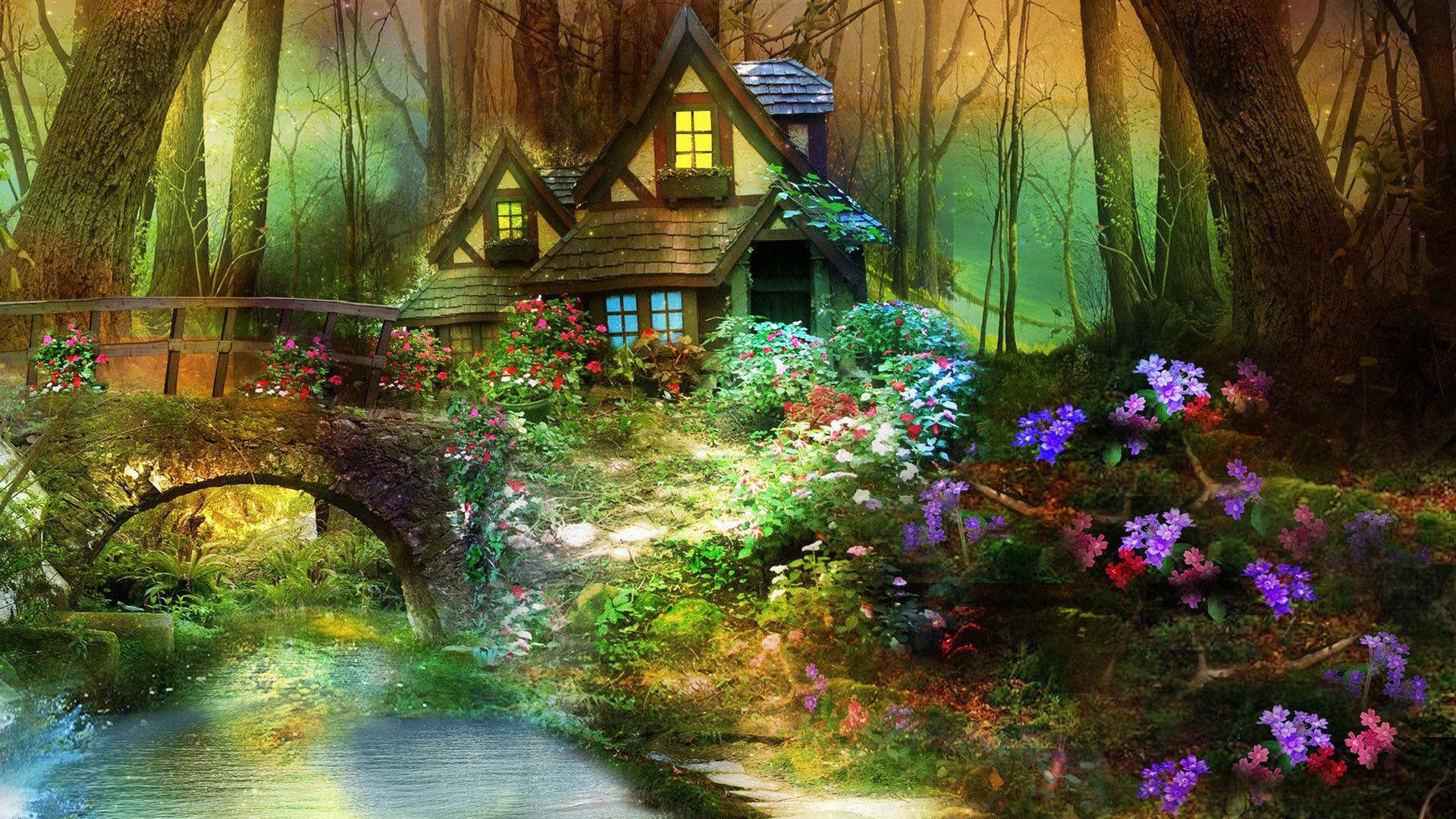 Mystical Forest, cozy cottage, vibrant enchanted forest, Full HD Desktop Wallpaper