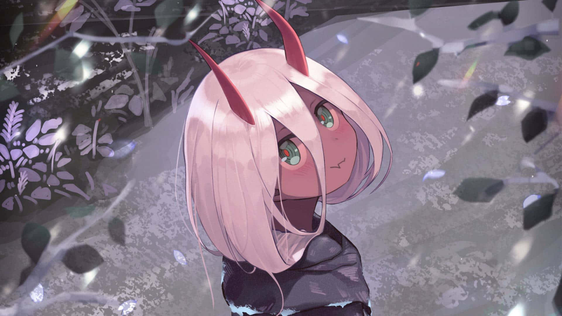 pink-haired anime girl, red horns, falling leaves, Full HD Desktop Wallpaper