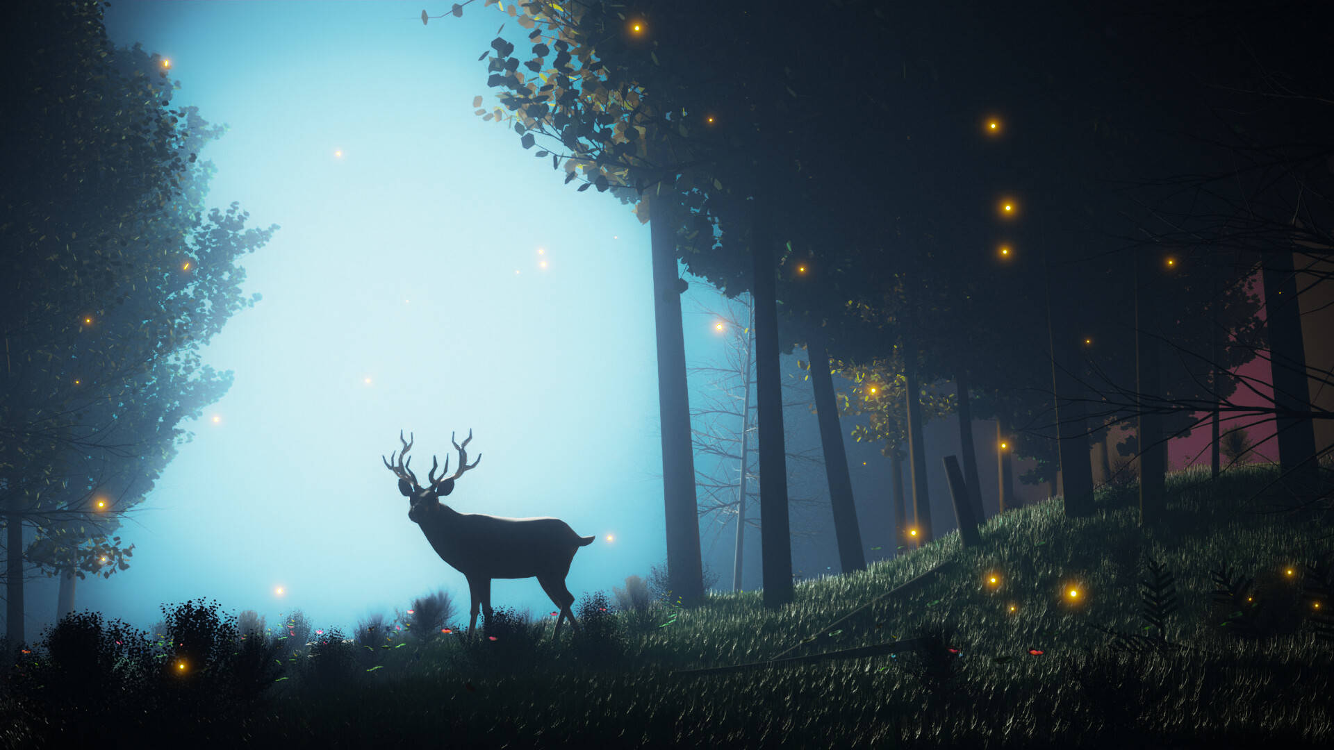 mystical forest, deer silhouette, misty forest, Full HD Desktop Wallpaper