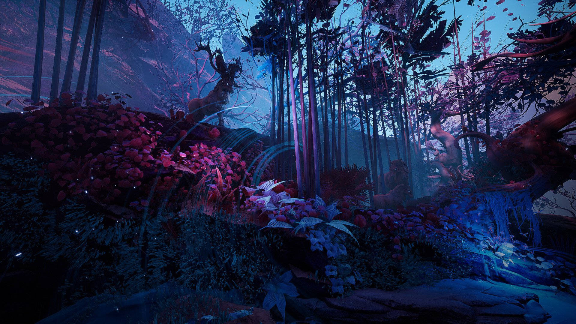 Mystical Forest, twilight forest, glowing purple and blue flora, Full HD Desktop Wallpaper