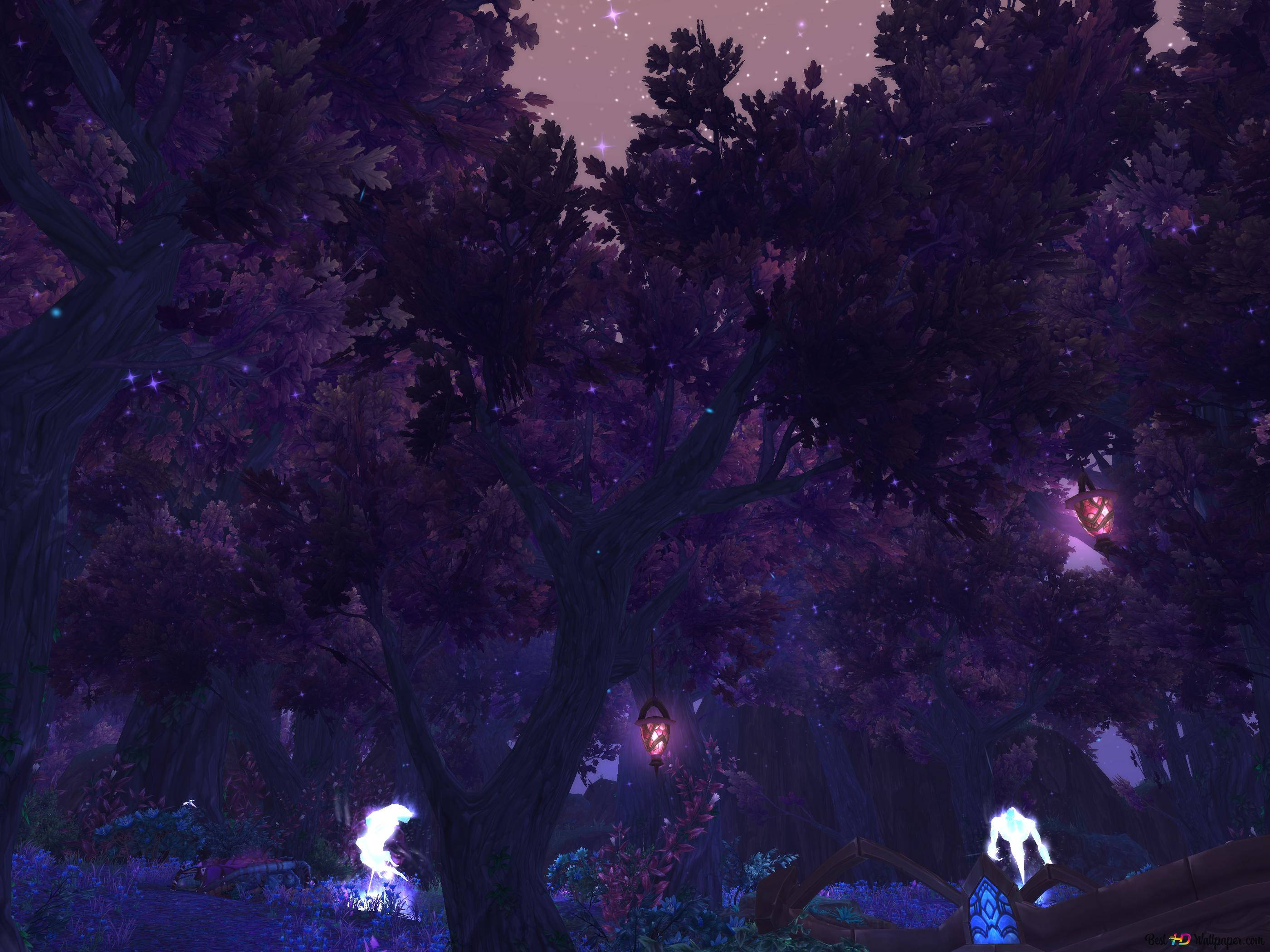 Mystical Forest, purple trees, starry twilight sky, 2K Desktop Wallpaper