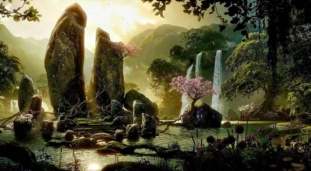 Mystical Forest, tall rocks, sunlight, SD Desktop Wallpaper