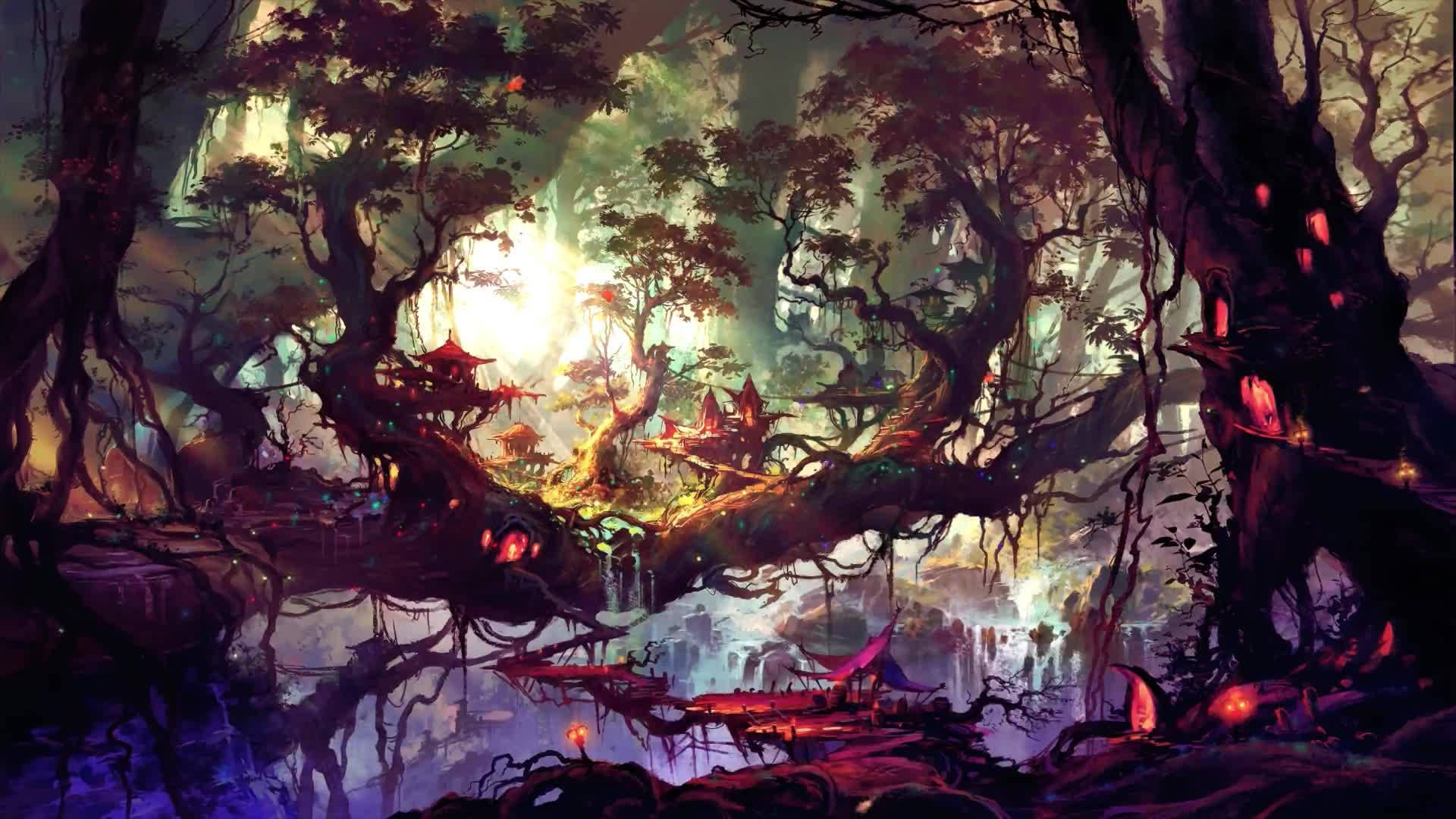 Mystical Forest, glowing red lanterns, ancient gnarled trees, Full HD Desktop Wallpaper