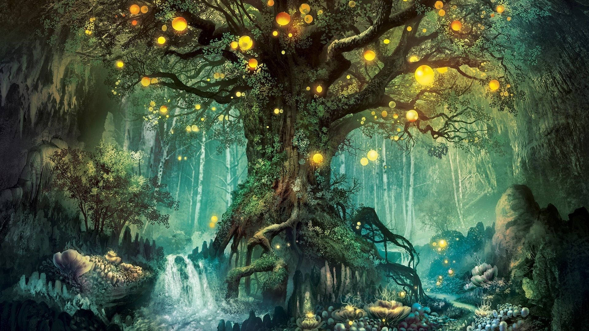 mystical forest, ancient tree, glowing orbs, Full HD Desktop Wallpaper