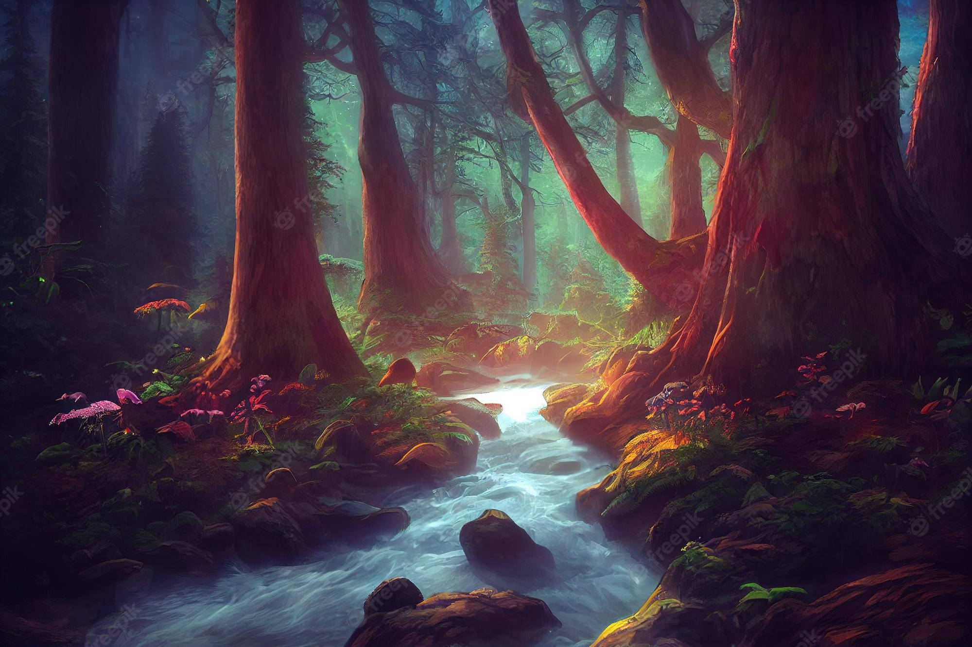Mystical Forest, stream, ancient trees, Full HD Desktop Wallpaper
