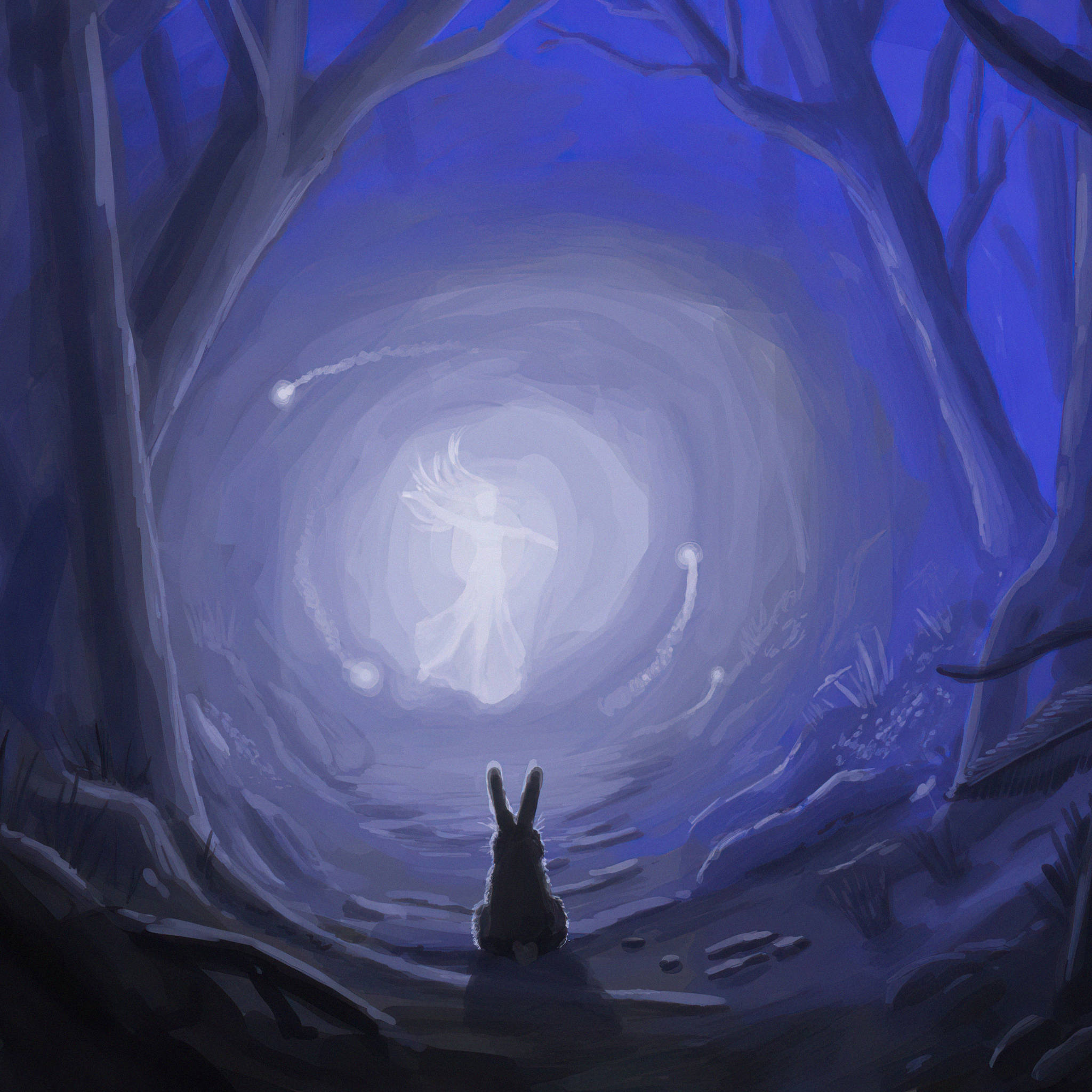 Mystical Forest, glowing blue tunnel, radiant angelic figure, Full HD Desktop Wallpaper