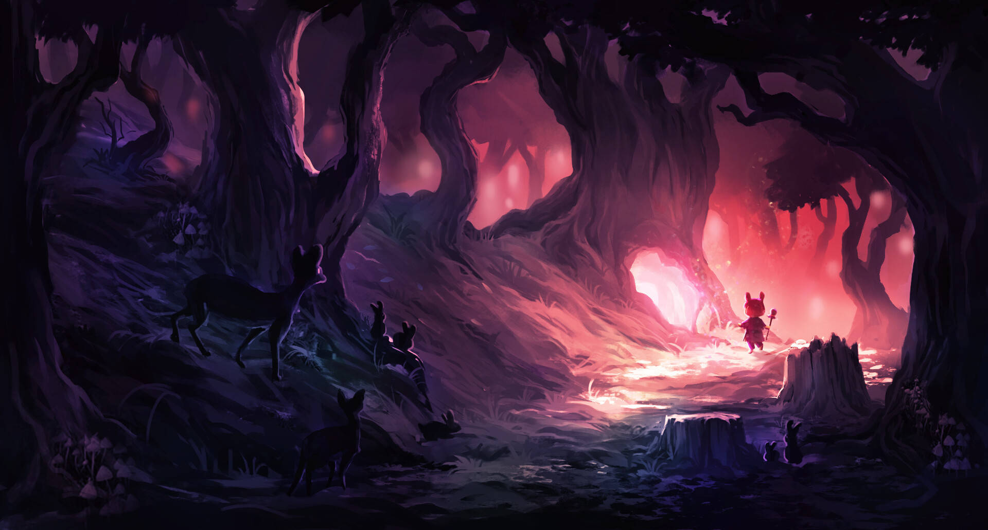 Mystical Forest, glowing red cavern entrance, dark purple forest, Full HD Desktop Wallpaper