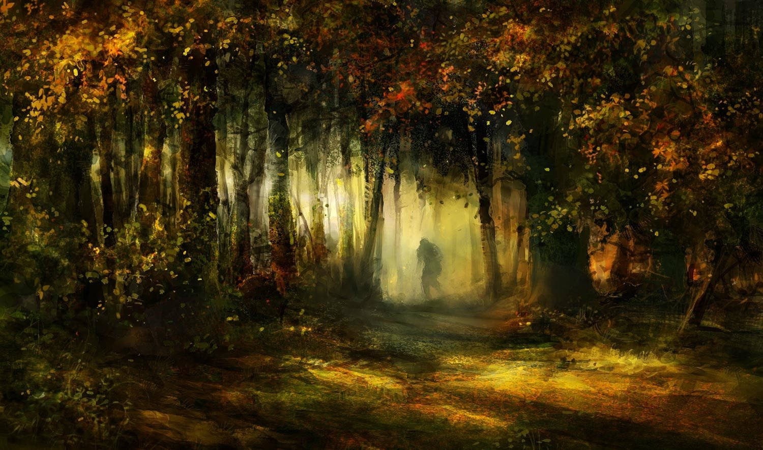 Mystical Forest, misty forest path, golden autumn light, HD Desktop Wallpaper