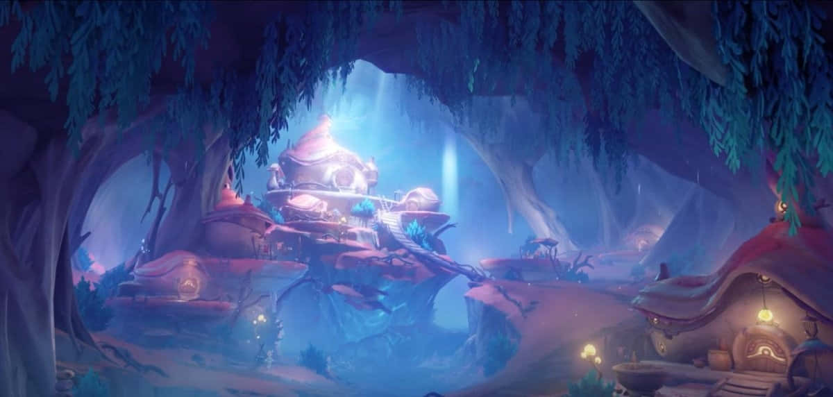 enchanted forest glade, glowing cave village, hanging vines, SD Desktop Wallpaper