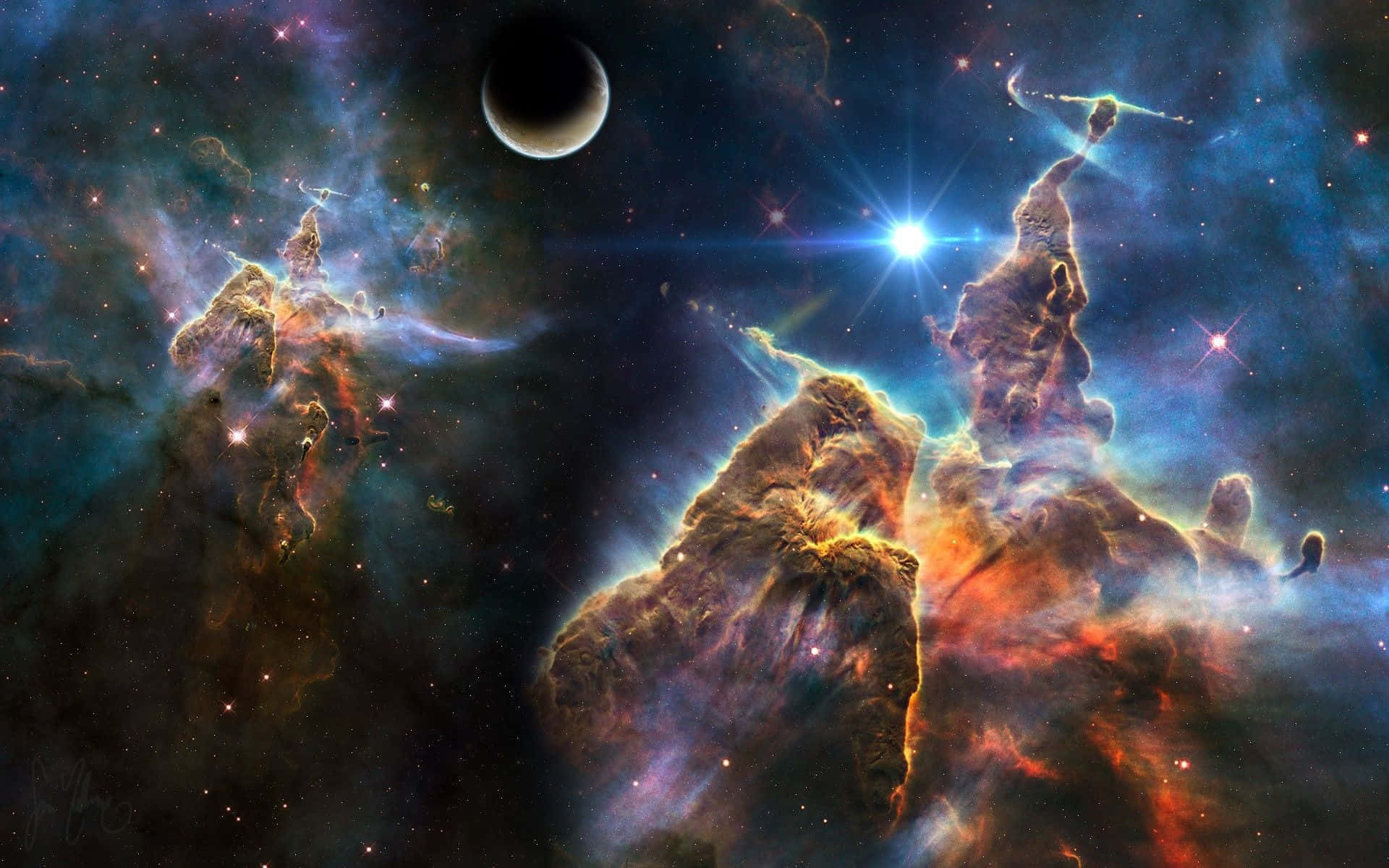 Mystical Forest, cosmic nebula, towering gas pillars, Full HD Desktop Wallpaper