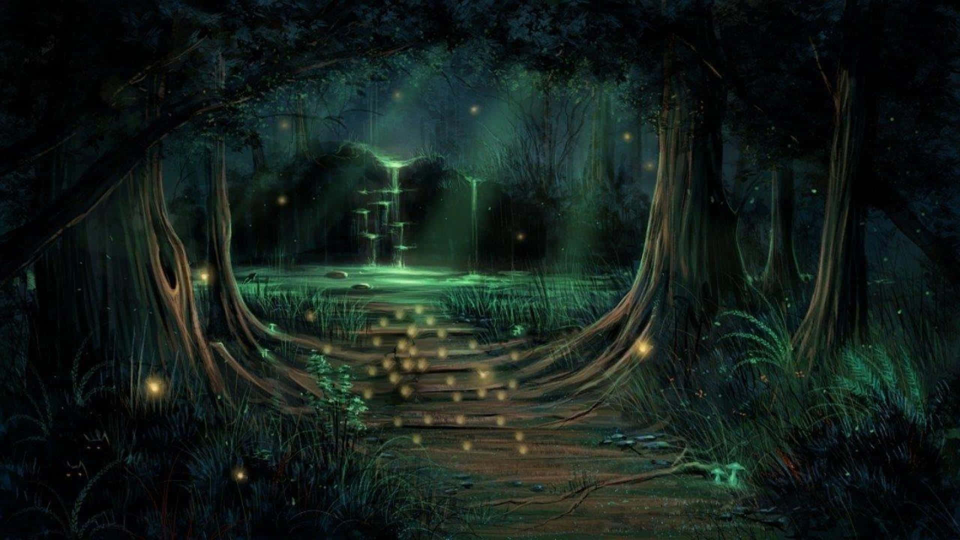 Enchanted Forest Landscape, bioluminescent lights, glowing waterfall, Full HD Desktop Wallpaper