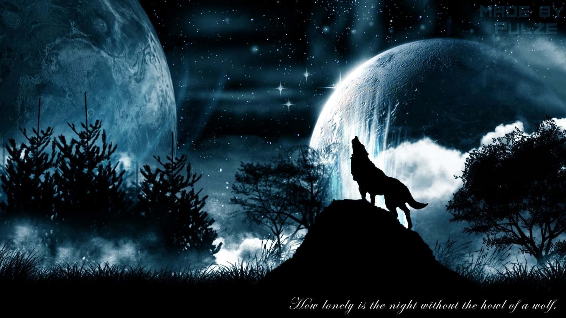 Mystical Wolf, starry sky, two massive moons, Full HD Desktop Wallpaper