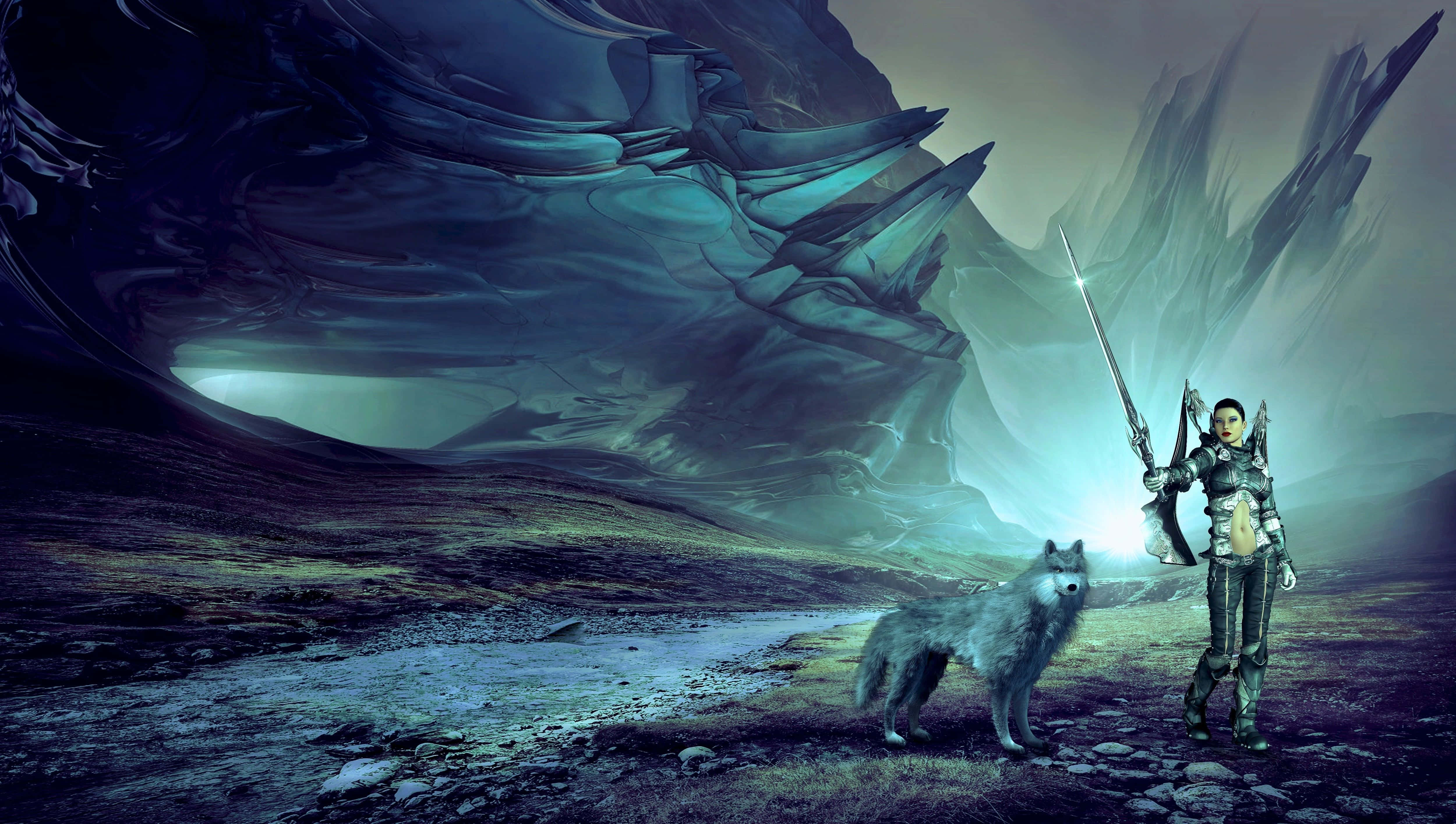 Mystical Wolf, glowing sword, surreal alien canyon, 4K Desktop Wallpaper
