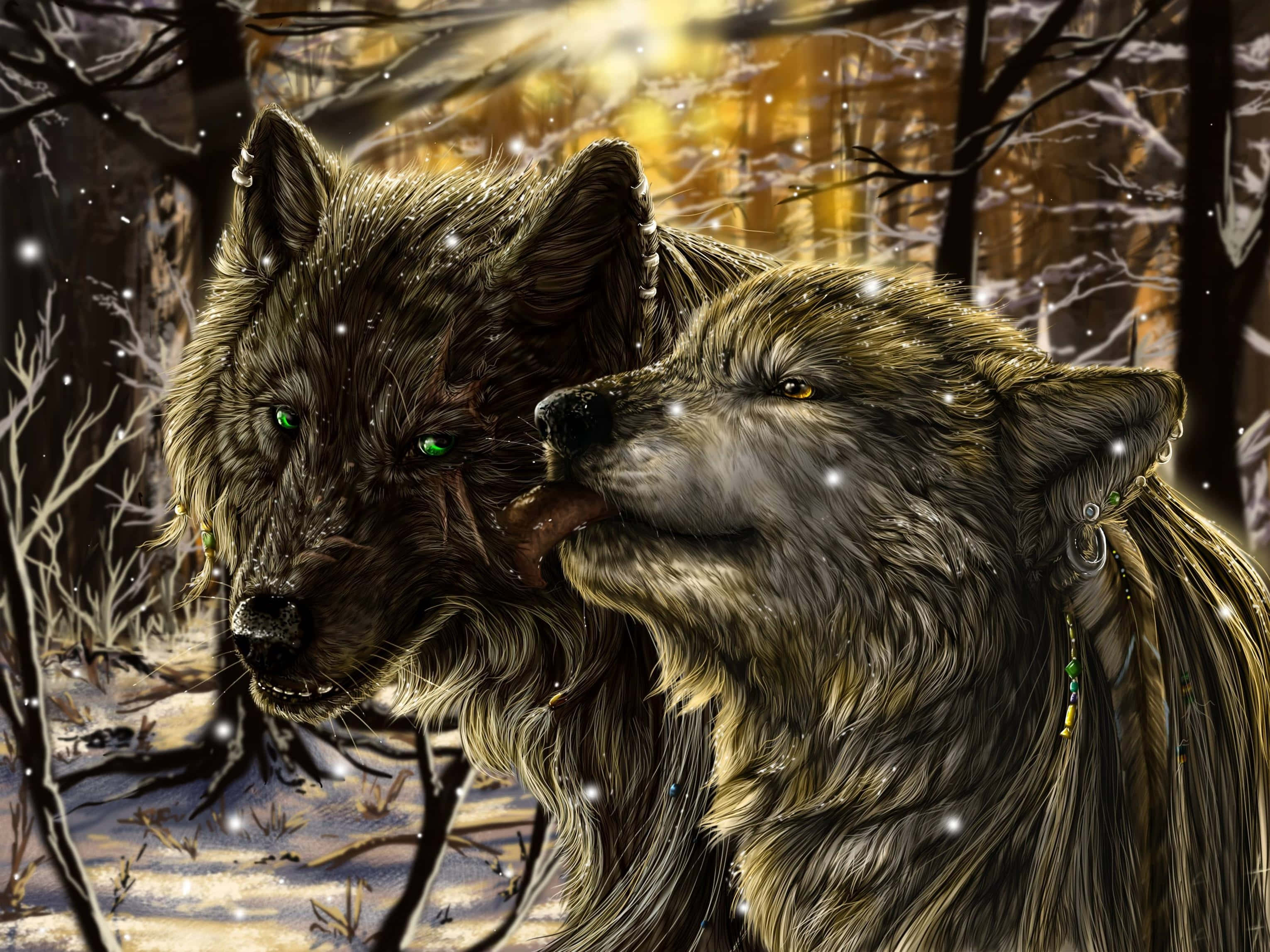 mystical wolf, starry night sky, glowing eyes, 2K Desktop Wallpaper