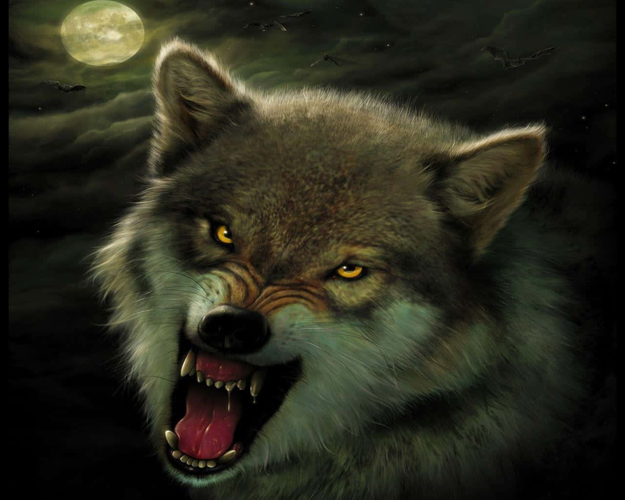 mystical wolf, glowing full moon, bats, HD Desktop Wallpaper