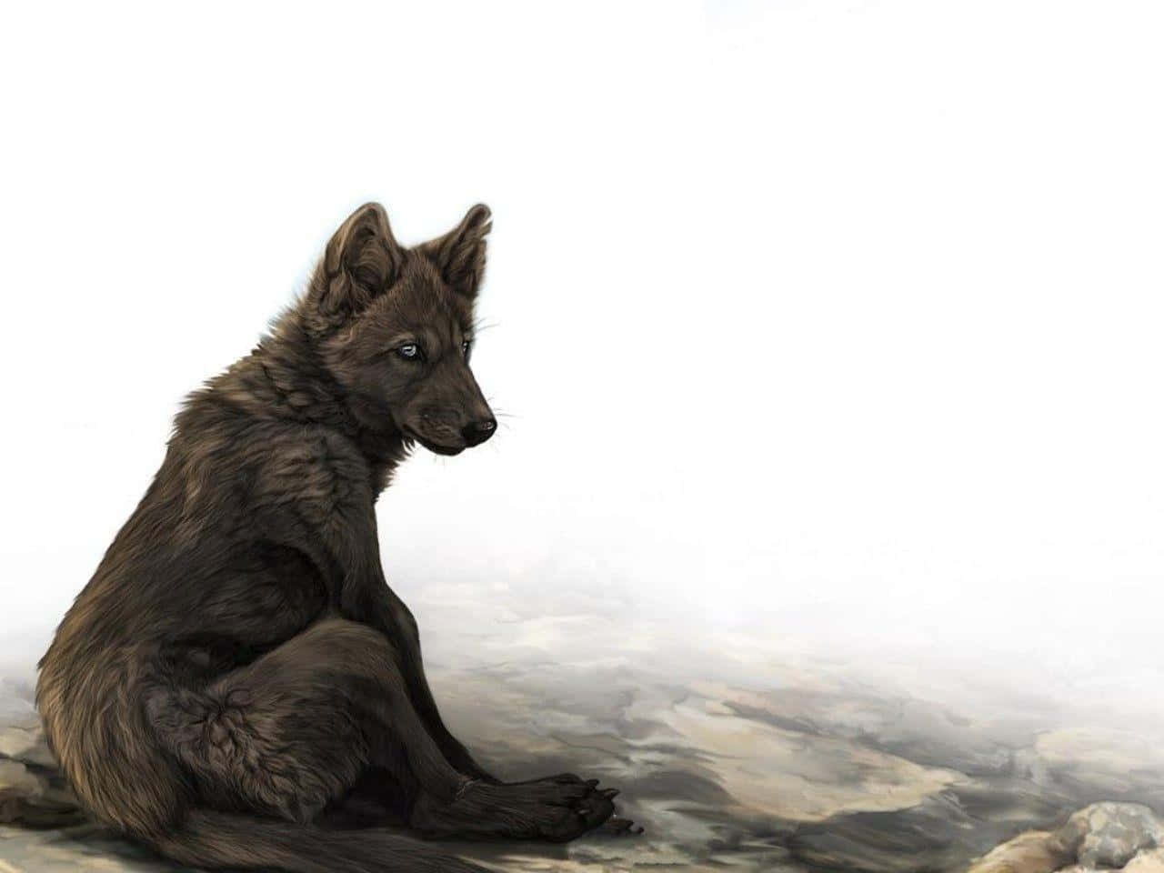mystical wolf, dark-furred wolf pup, misty rocks, HD Desktop Wallpaper