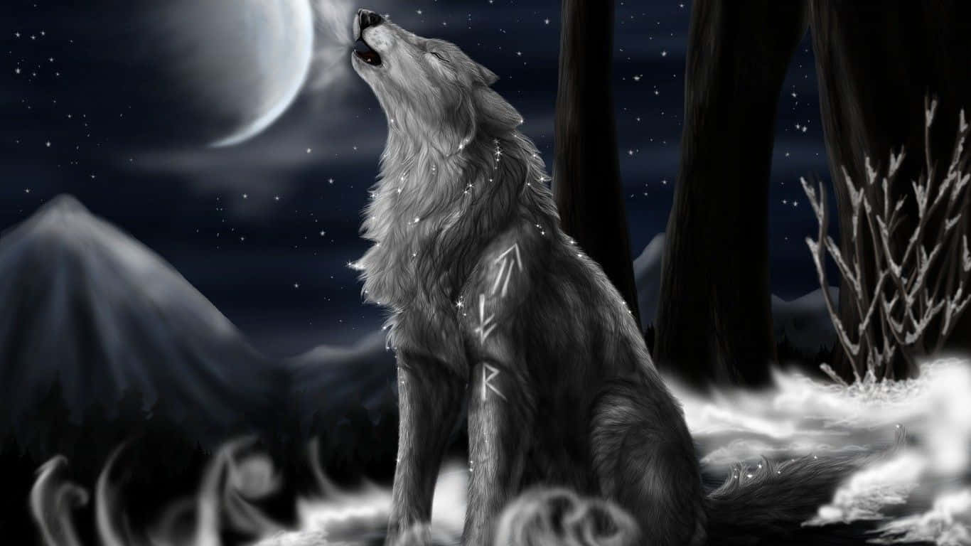 Mystical Wolf, crescent moon, starry night sky, HD Desktop Wallpaper