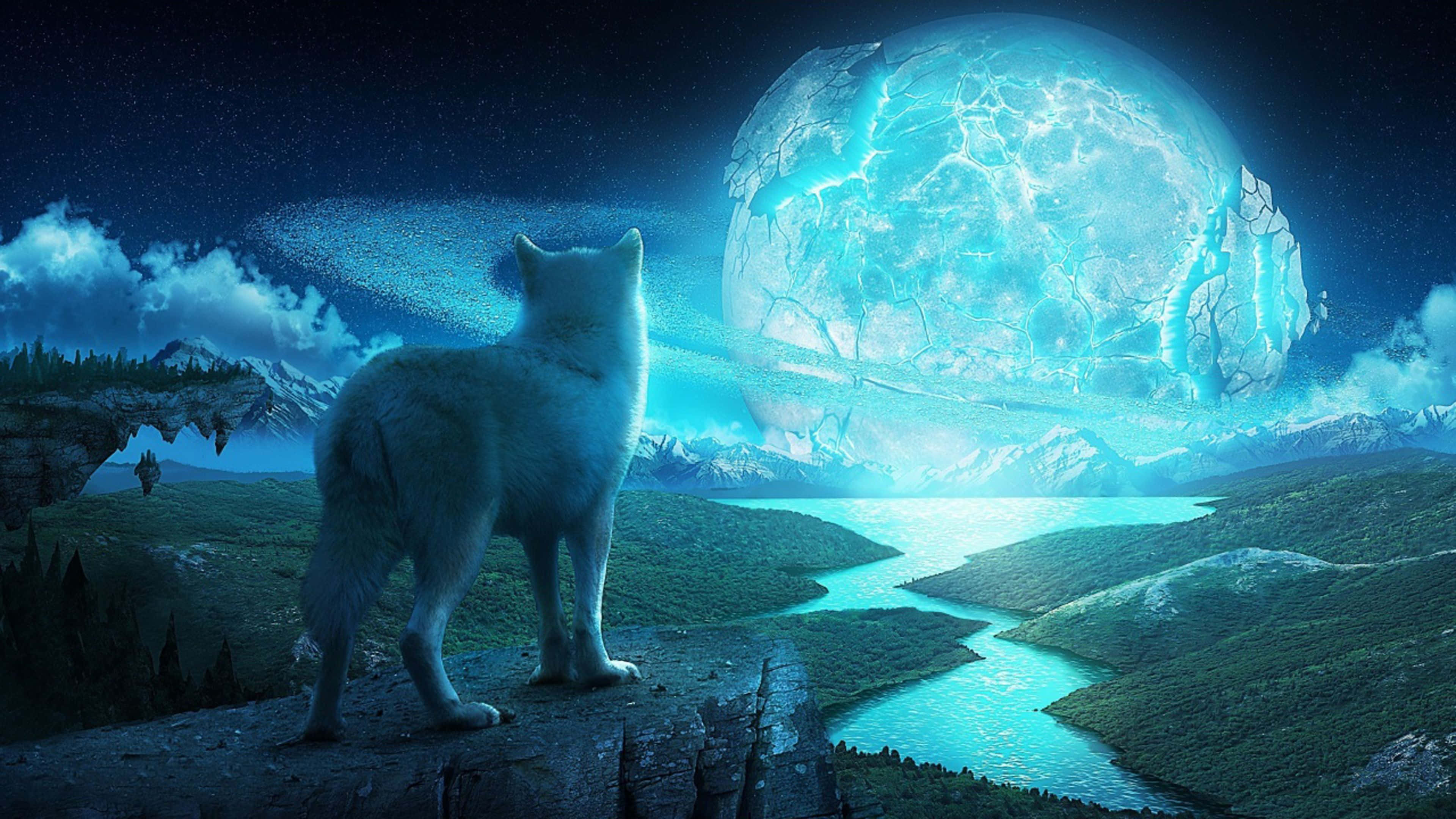 mystical wolf, cliff, moon, 4K Desktop Wallpaper