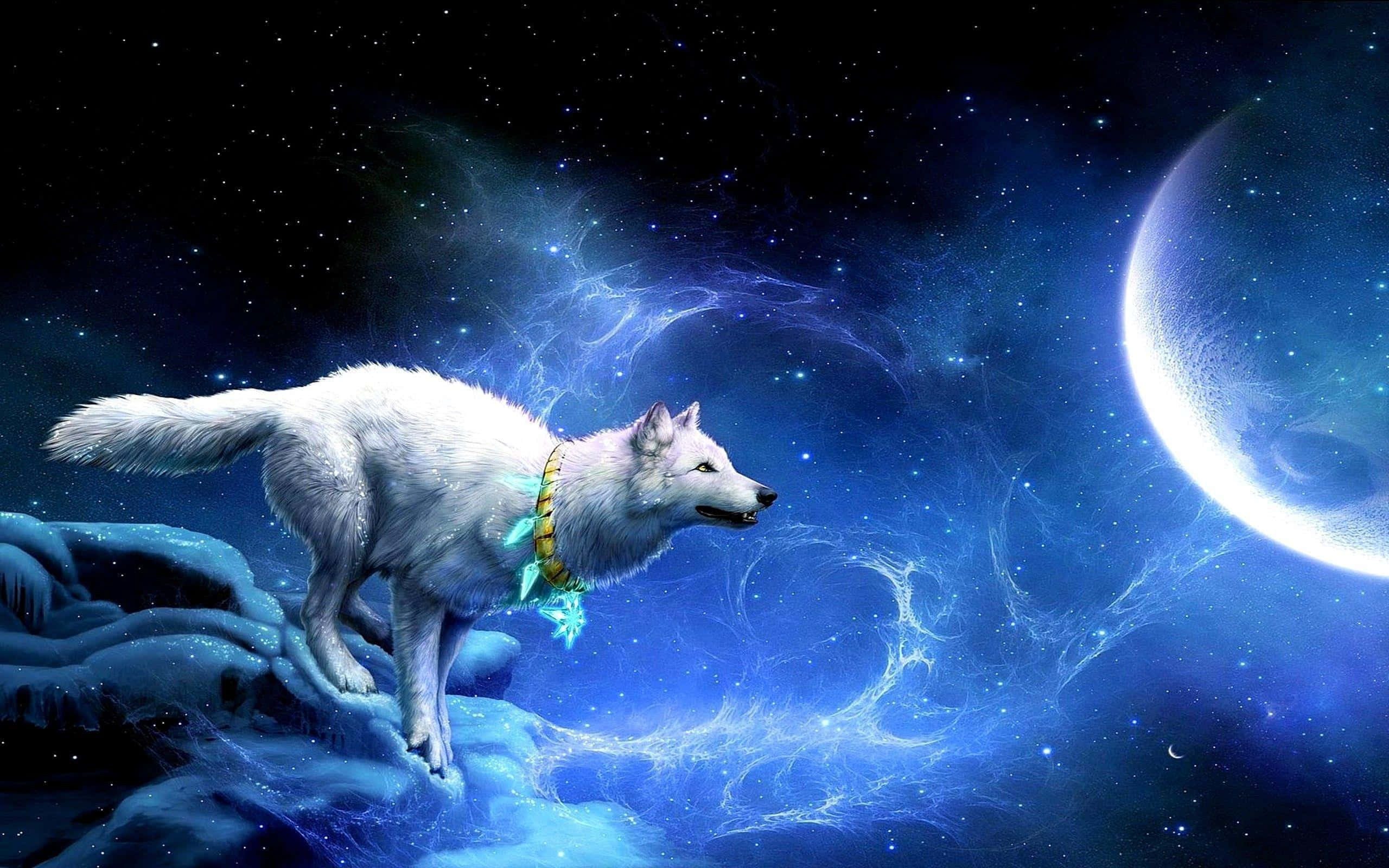 Mystical Wolf, glowing crescent moon, cosmic blue nebula, 2K Desktop Wallpaper