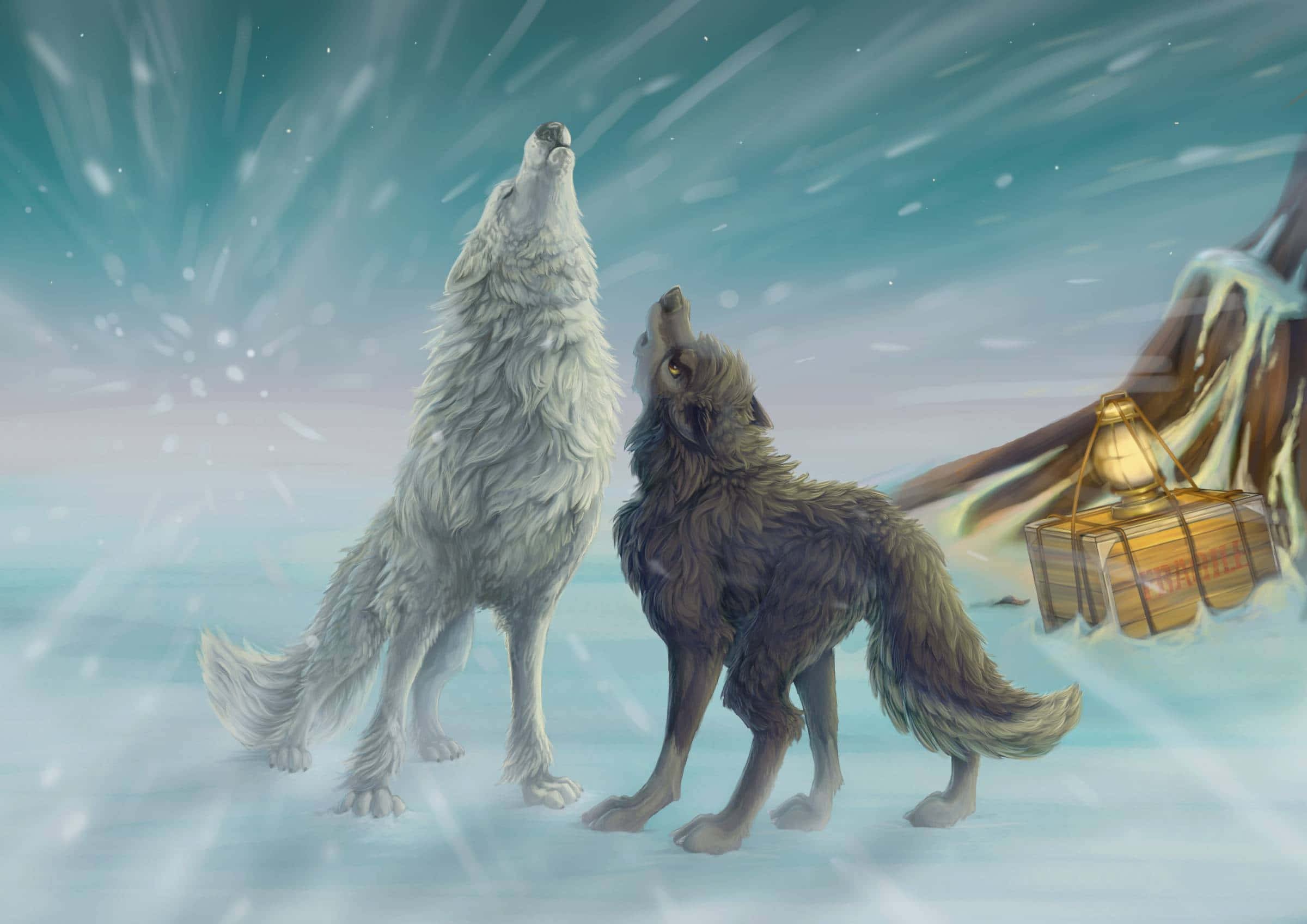 Mystical Wolf, snowy landscape, snowflakes, Full HD Desktop Wallpaper