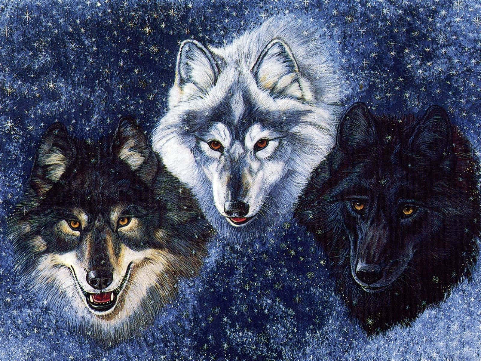 Mystical Wolf, glowing amber eyes, starry midnight blue sky, HD Desktop Wallpaper