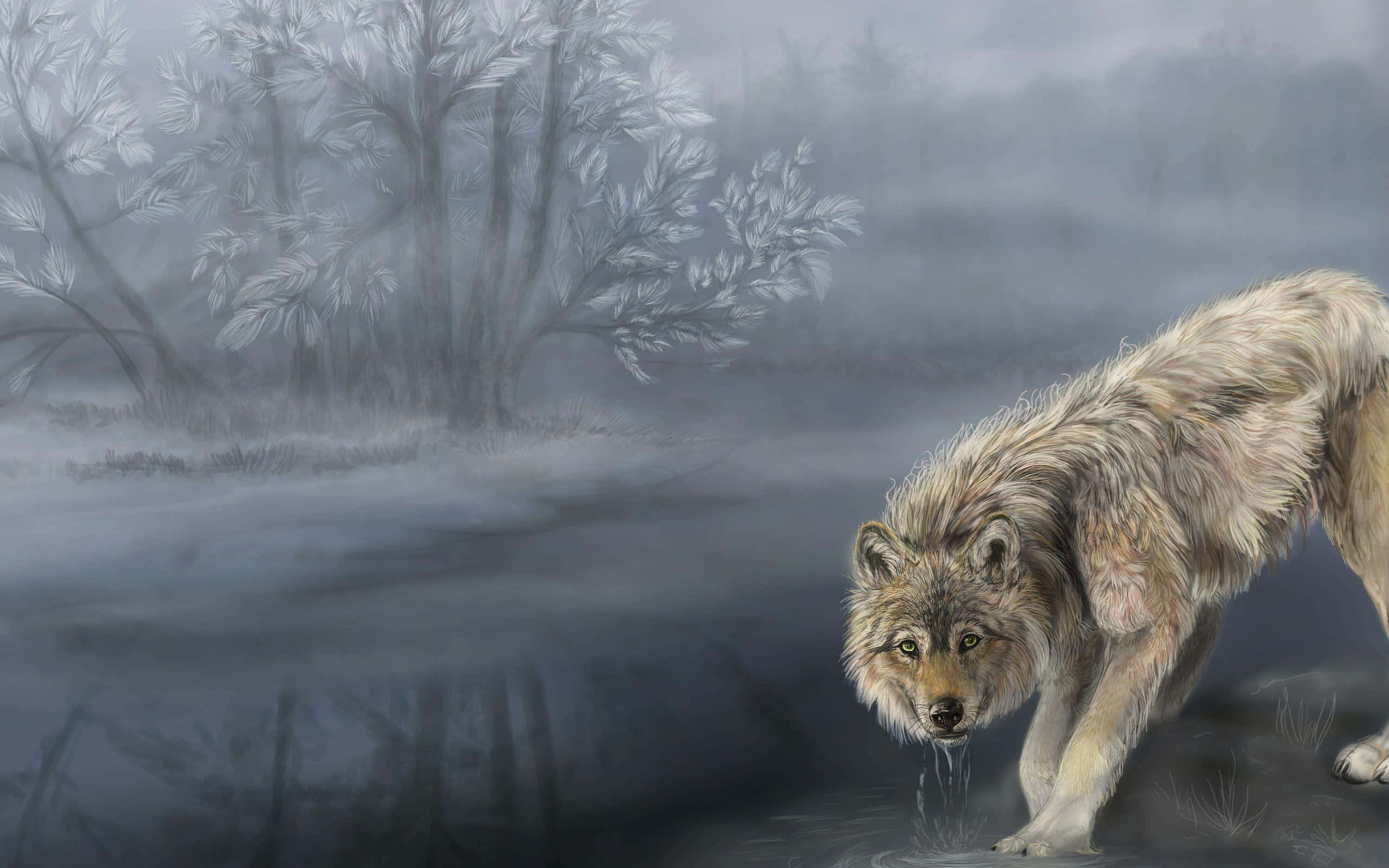 Mystical Wolf, misty riverbank, bare trees, 2K Desktop Wallpaper