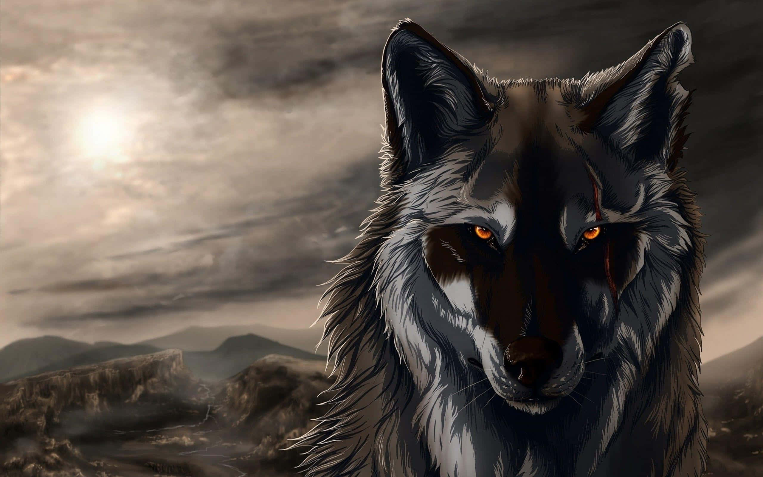 Mystical Wolf, Twilight Moon, glowing orange eyes, 2K Desktop Wallpaper