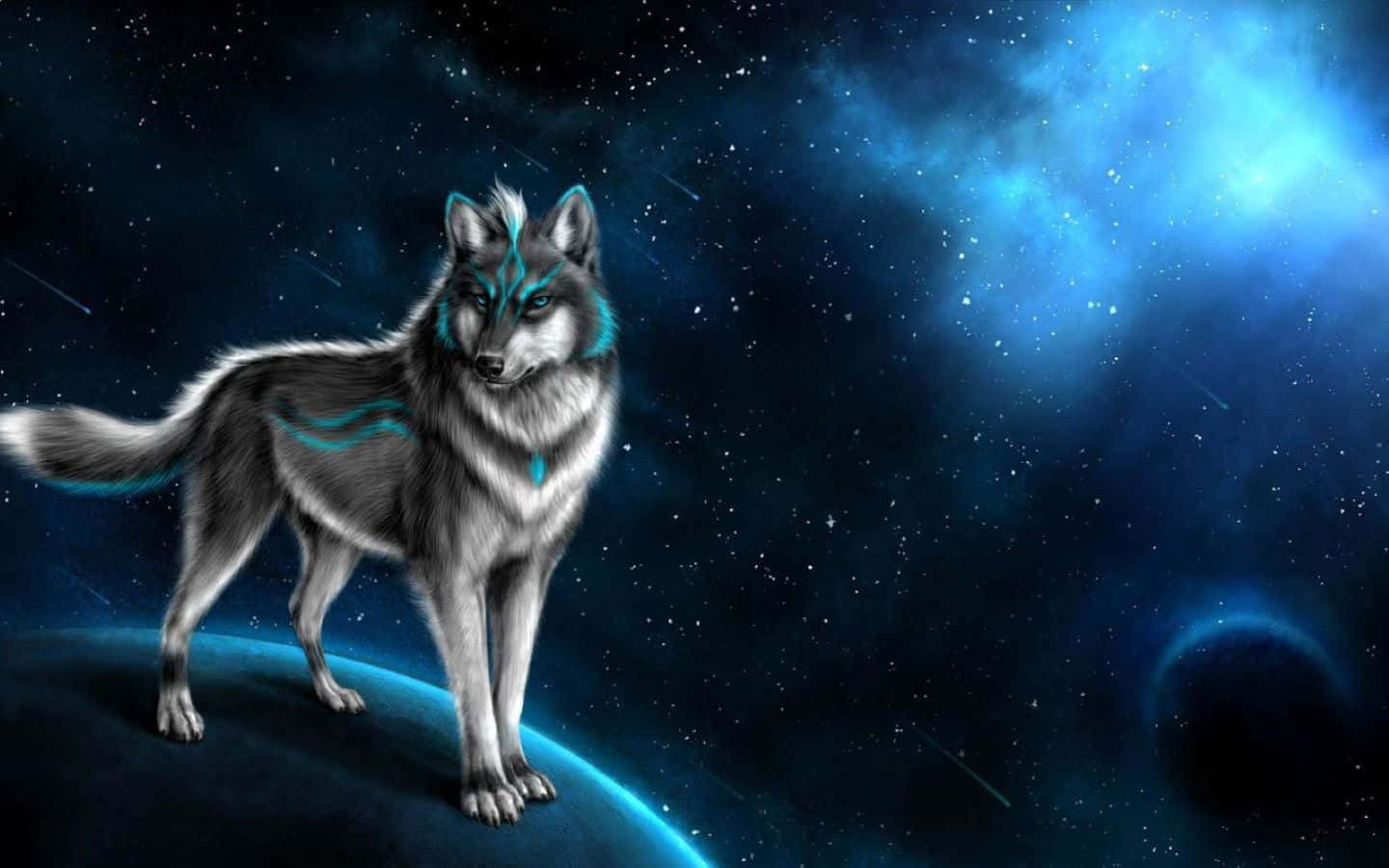 3D wolf, glowing blue markings, planet, HD Desktop Wallpaper
