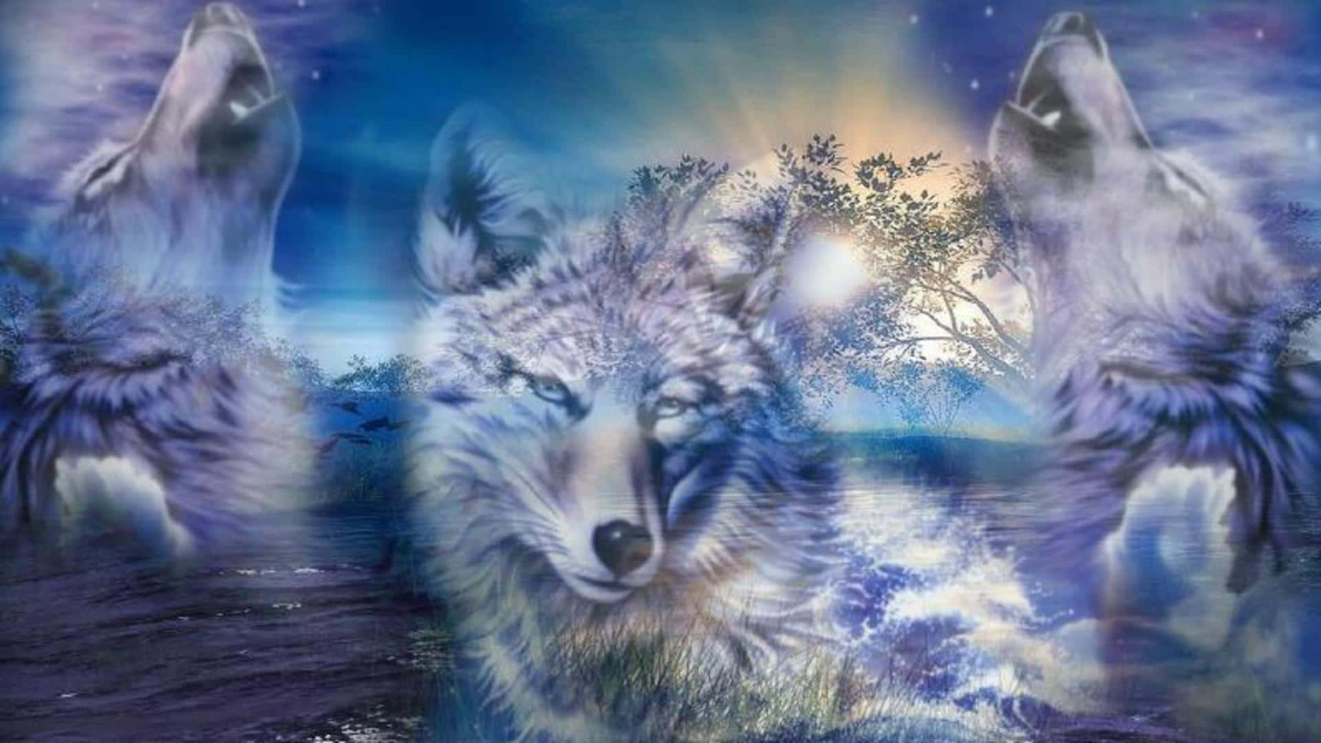 Mystical 3D Wolf, Magical Forest, starry twilight sky, Full HD Desktop Wallpaper
