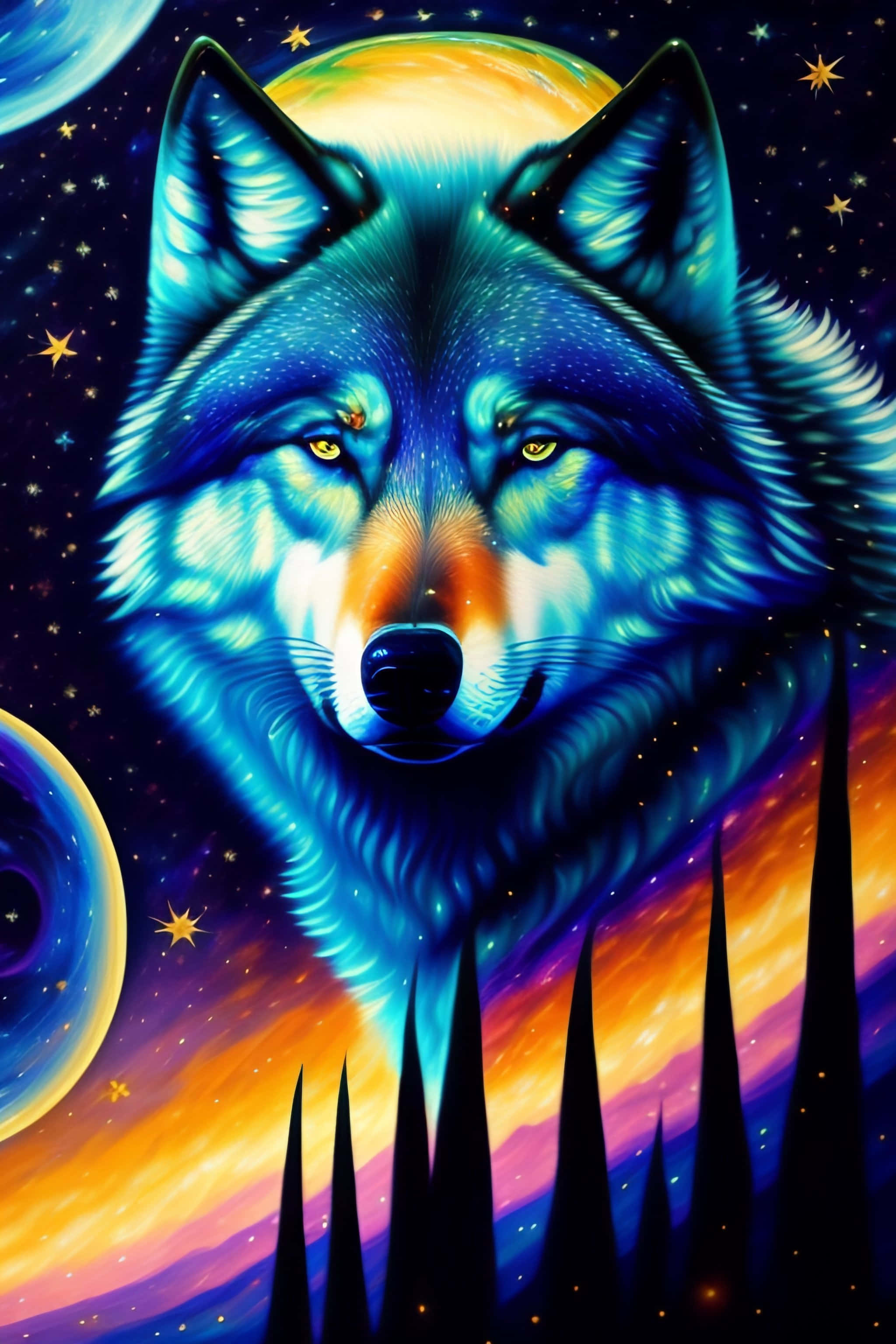 Cosmic Wolf, glowing yellow eyes, cosmic backdrop, 2K Phone Wallpaper