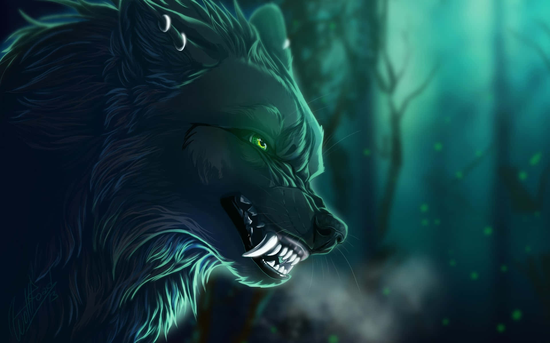 Mystical Wolf, glowing green eyes, misty teal forest, Full HD Desktop Wallpaper