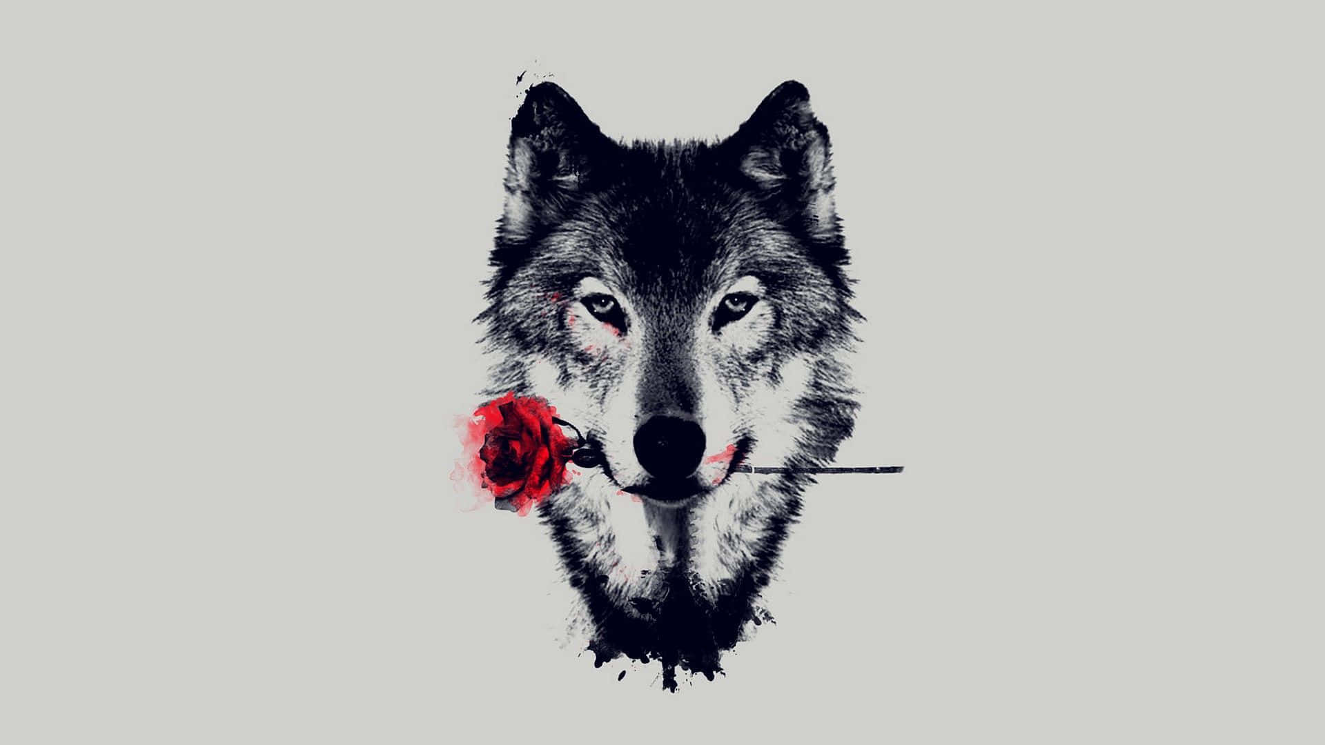 Mystical Wolf, black and white wolf, vivid red rose, Full HD Desktop Wallpaper