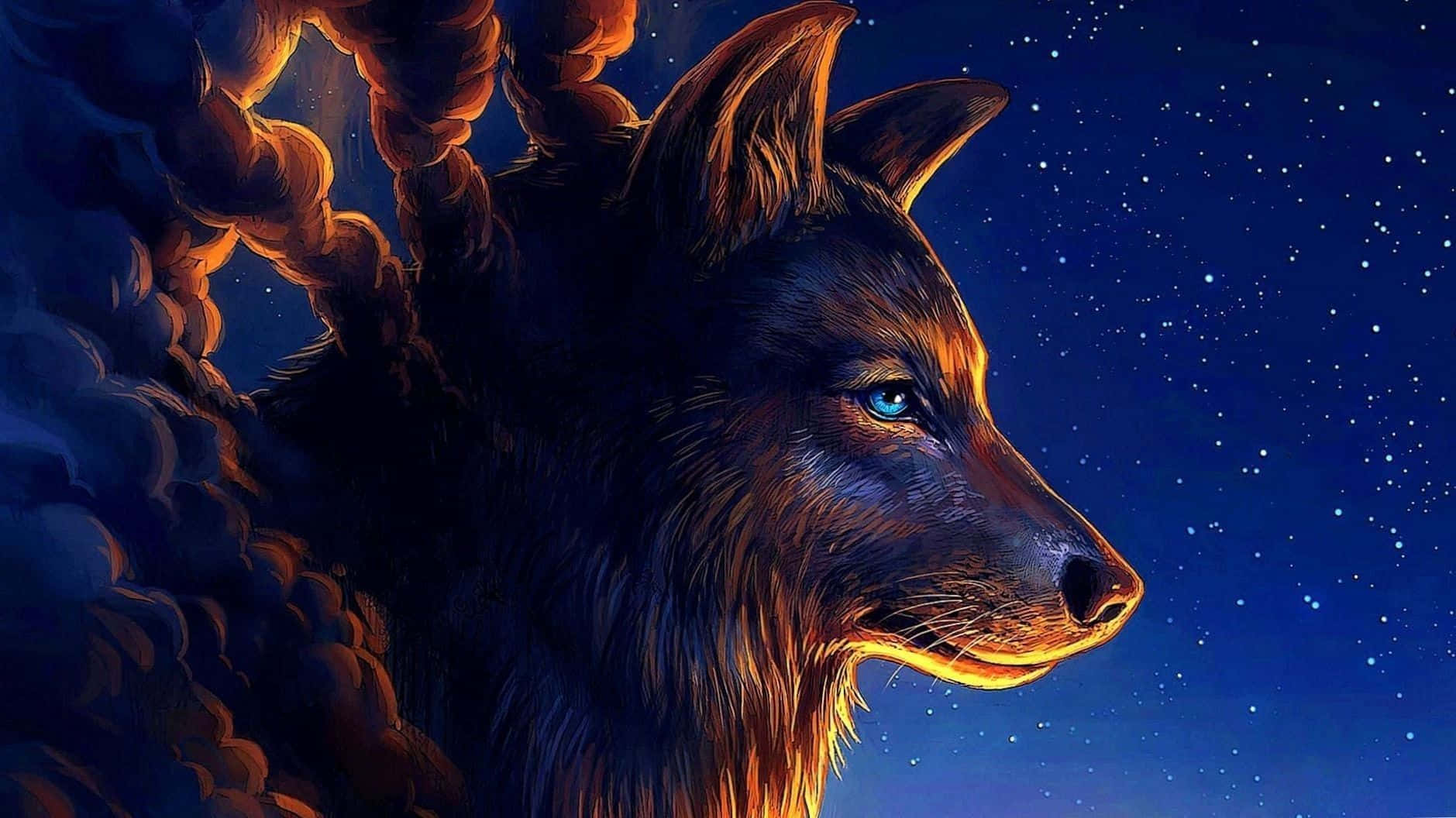 Mystical Wolf Art, glowing blue eyes, starry night sky, HD Desktop Wallpaper