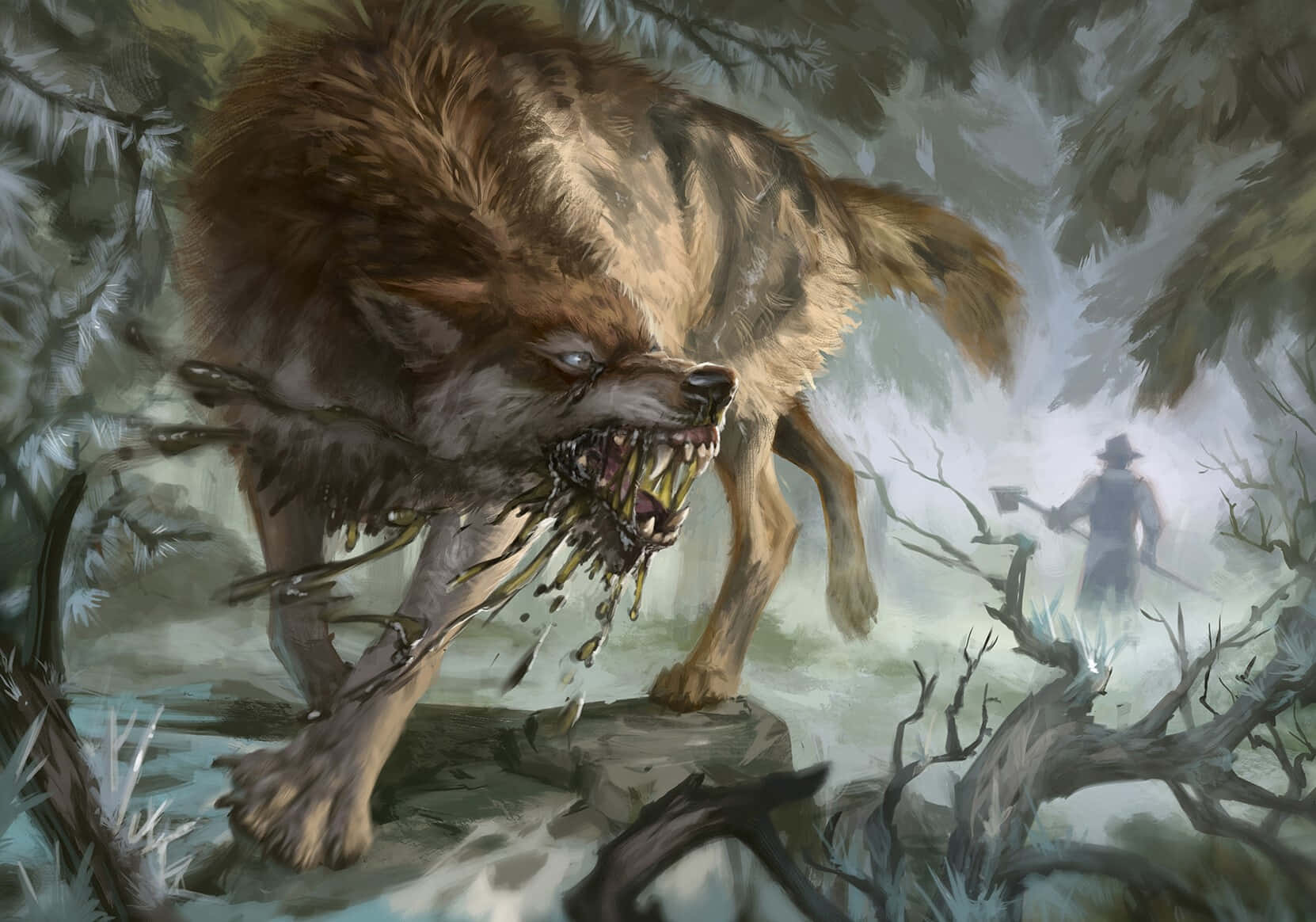 Mystical Wolf, glowing eyes, dripping fangs, HD Desktop Wallpaper