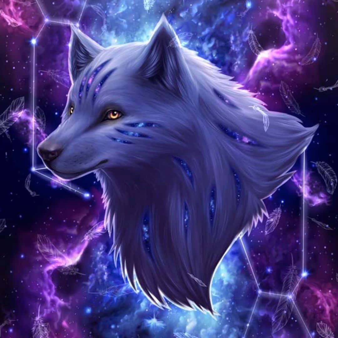 mystical cosmic wolf, glowing amber eyes, cosmic blue markings, SD Desktop Wallpaper