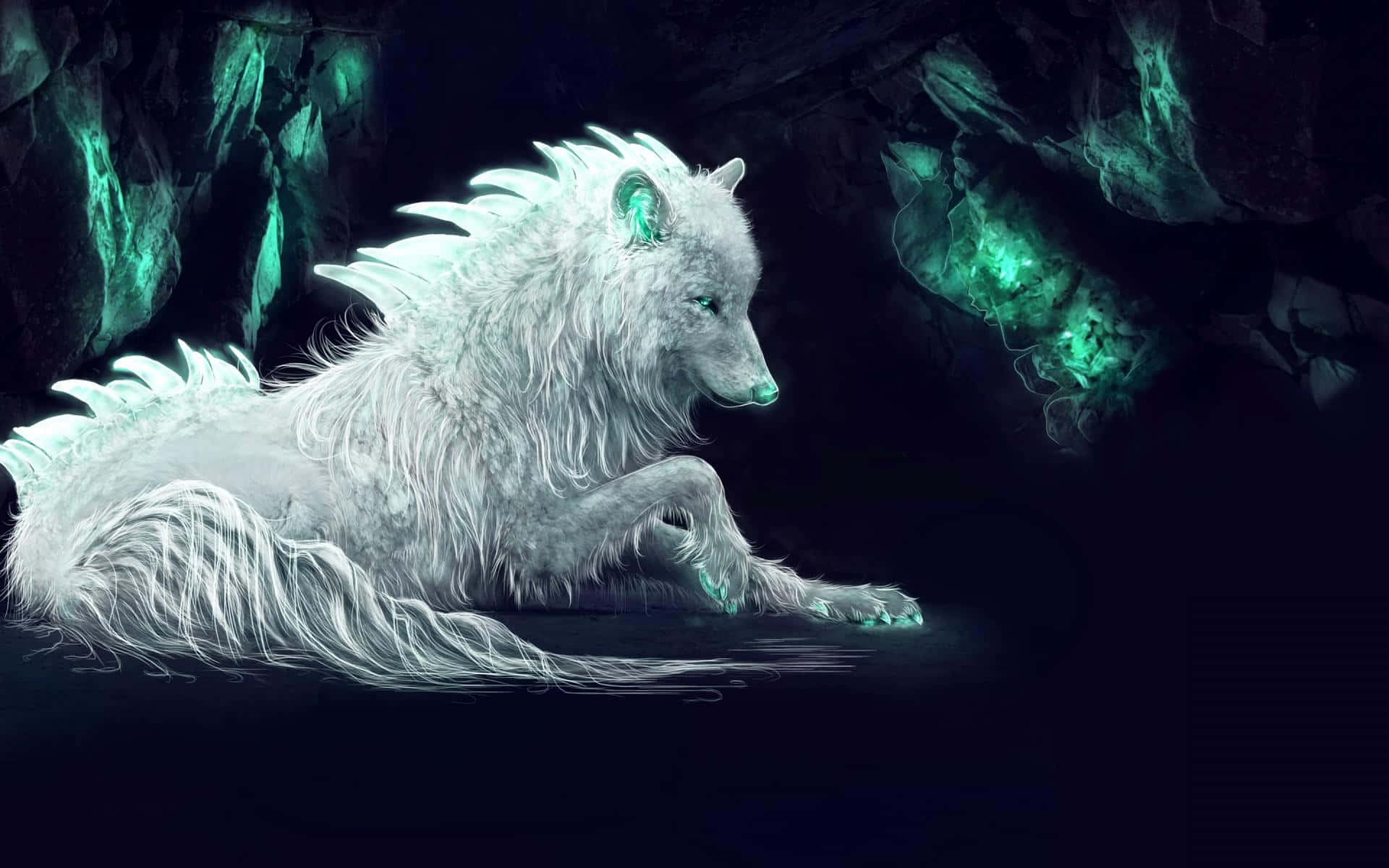 Mystical White Wolf, luminous white wolf, glowing teal eyes, Full HD Desktop Wallpaper