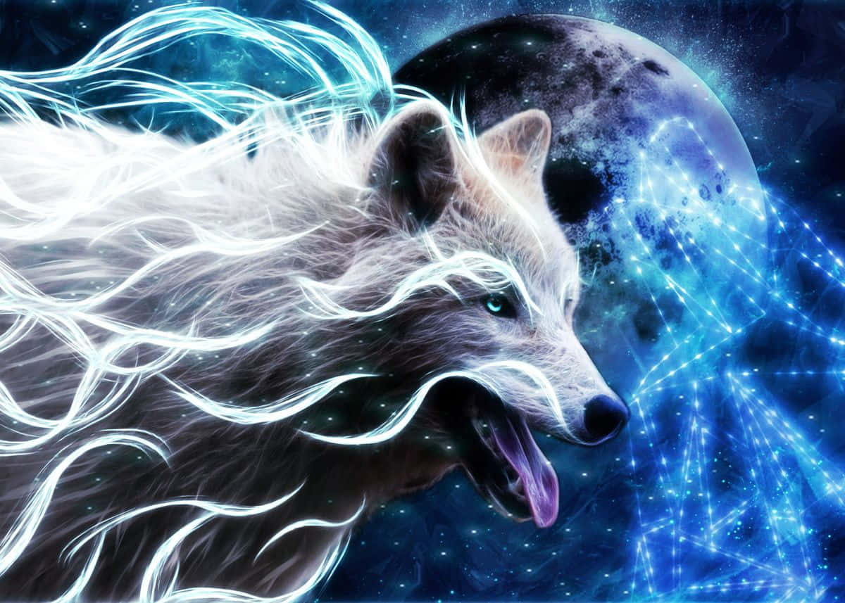 Mystical Galaxy Wolf, glowing white wolf, electric blue energy, SD Desktop Wallpaper