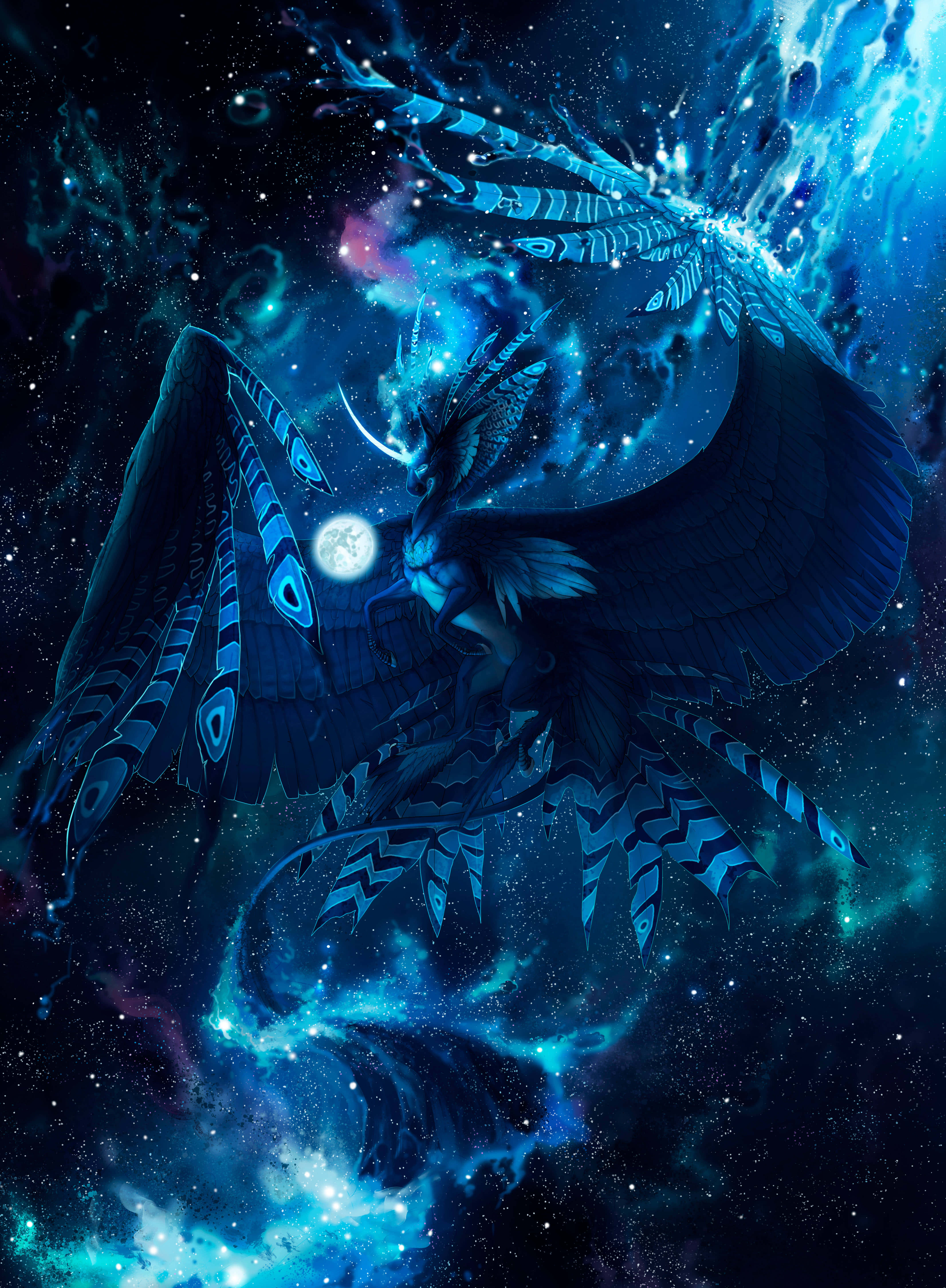 mystical, blue dragon, cosmic nebula, 5K Phone Wallpaper