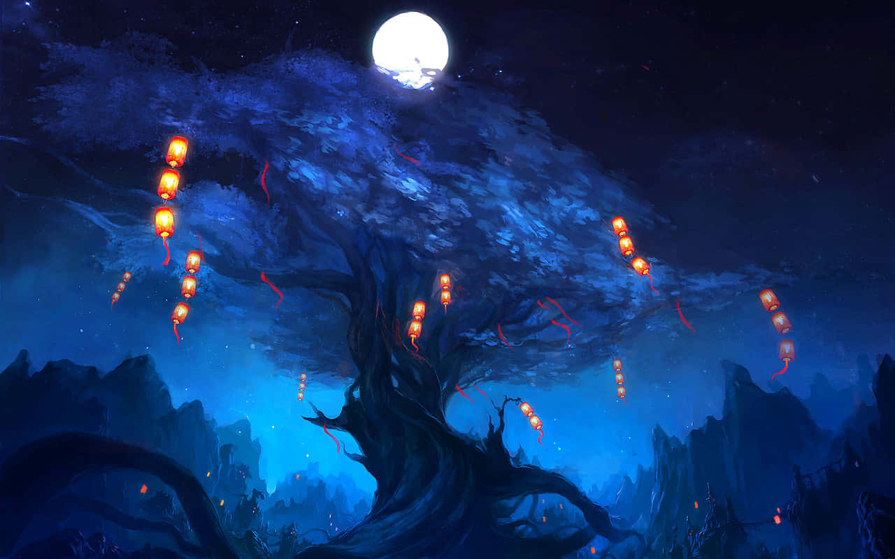 mystical, blue tree, glowing orange lanterns, HD Desktop Wallpaper