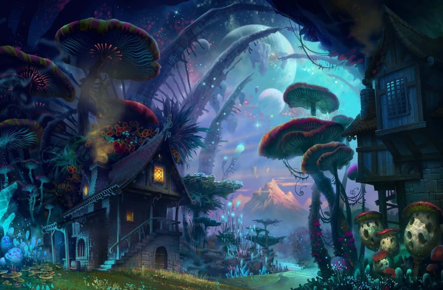 Mystical Forest, giant glowing mushrooms, starry twilight sky, HD Desktop Wallpaper
