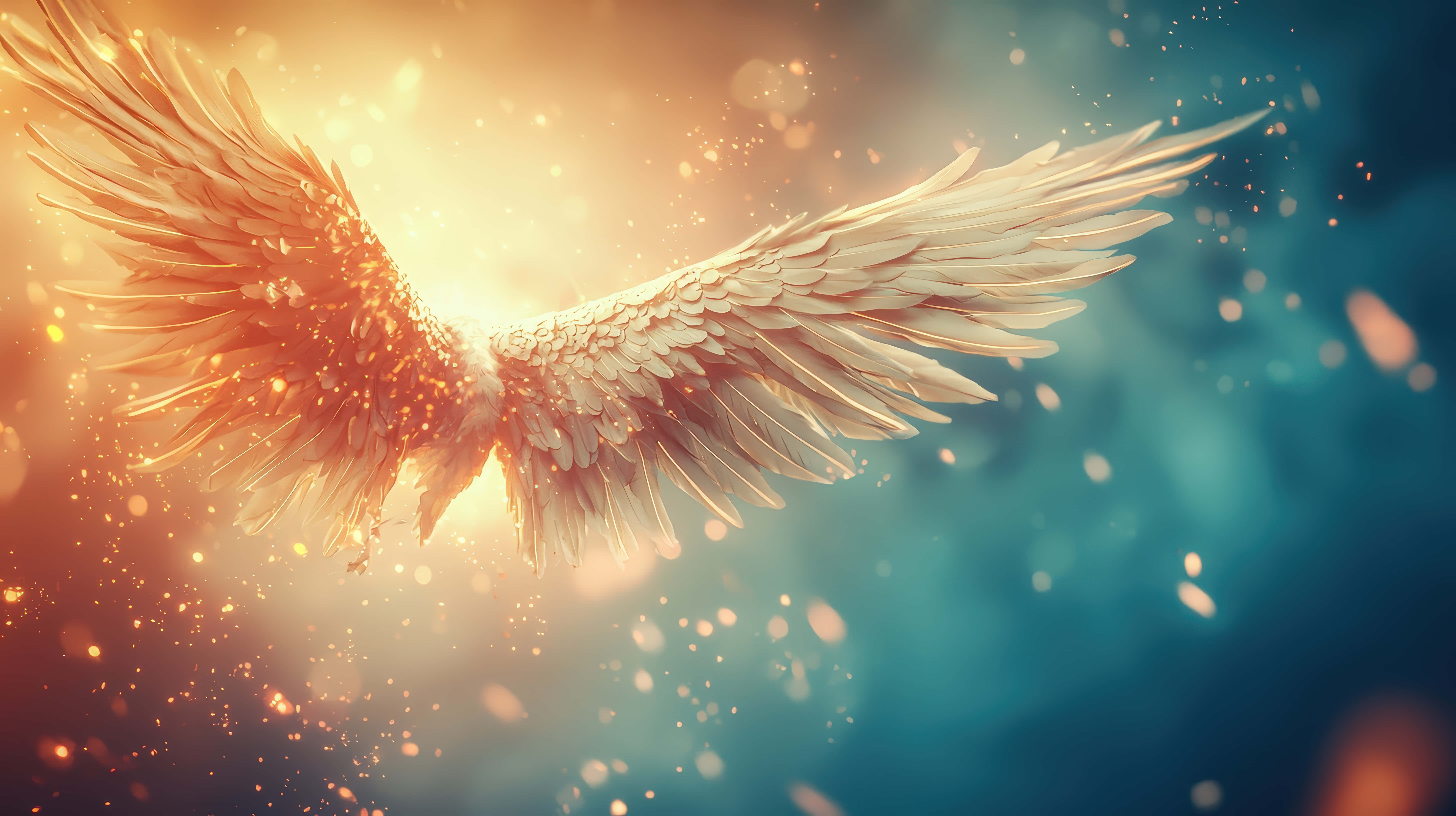 golden angel wings, glowing sunset sky, floating sparkles, 8K Desktop Wallpaper
