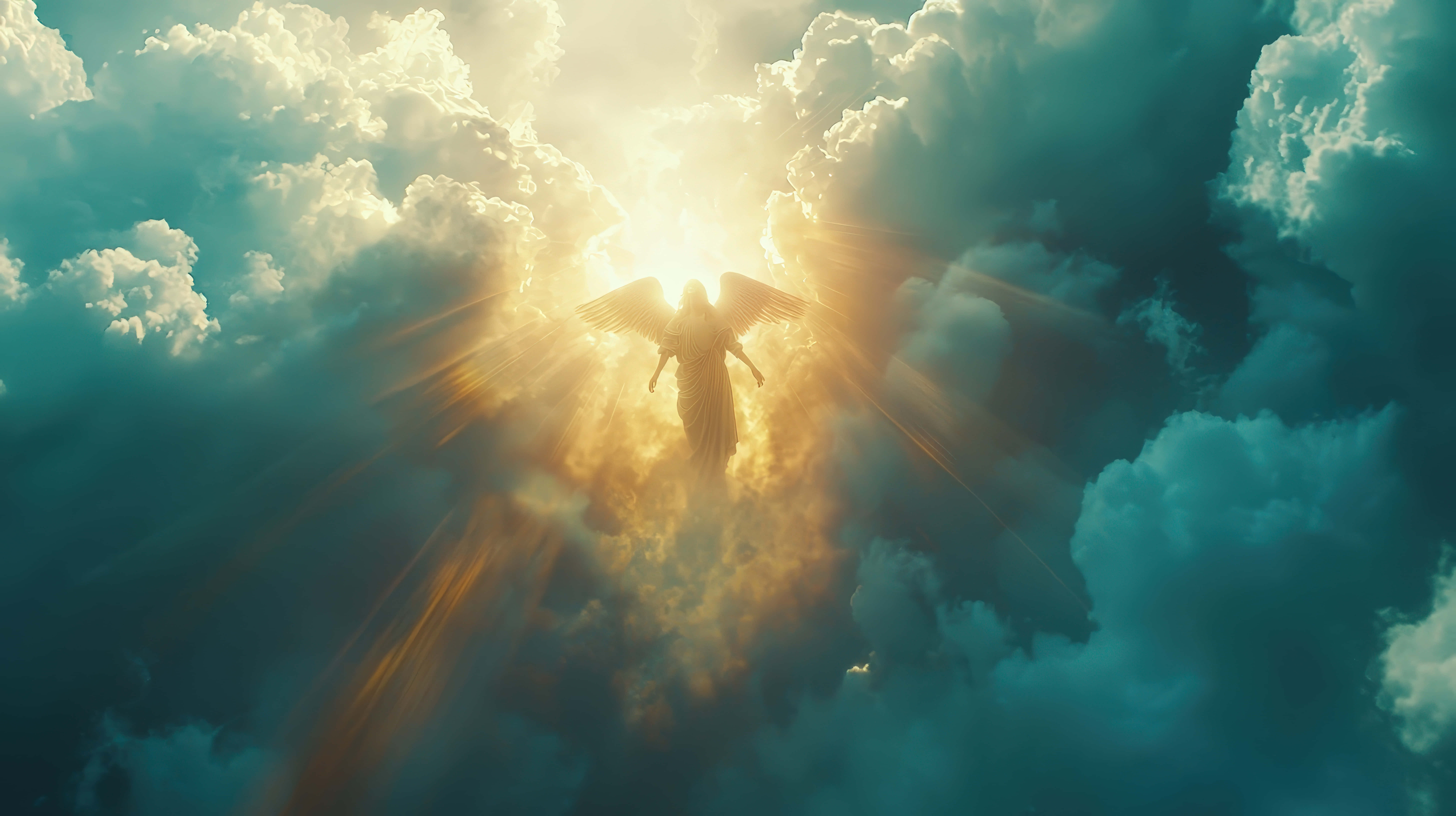 angel, glowing light, clouds, 8K Desktop Wallpaper