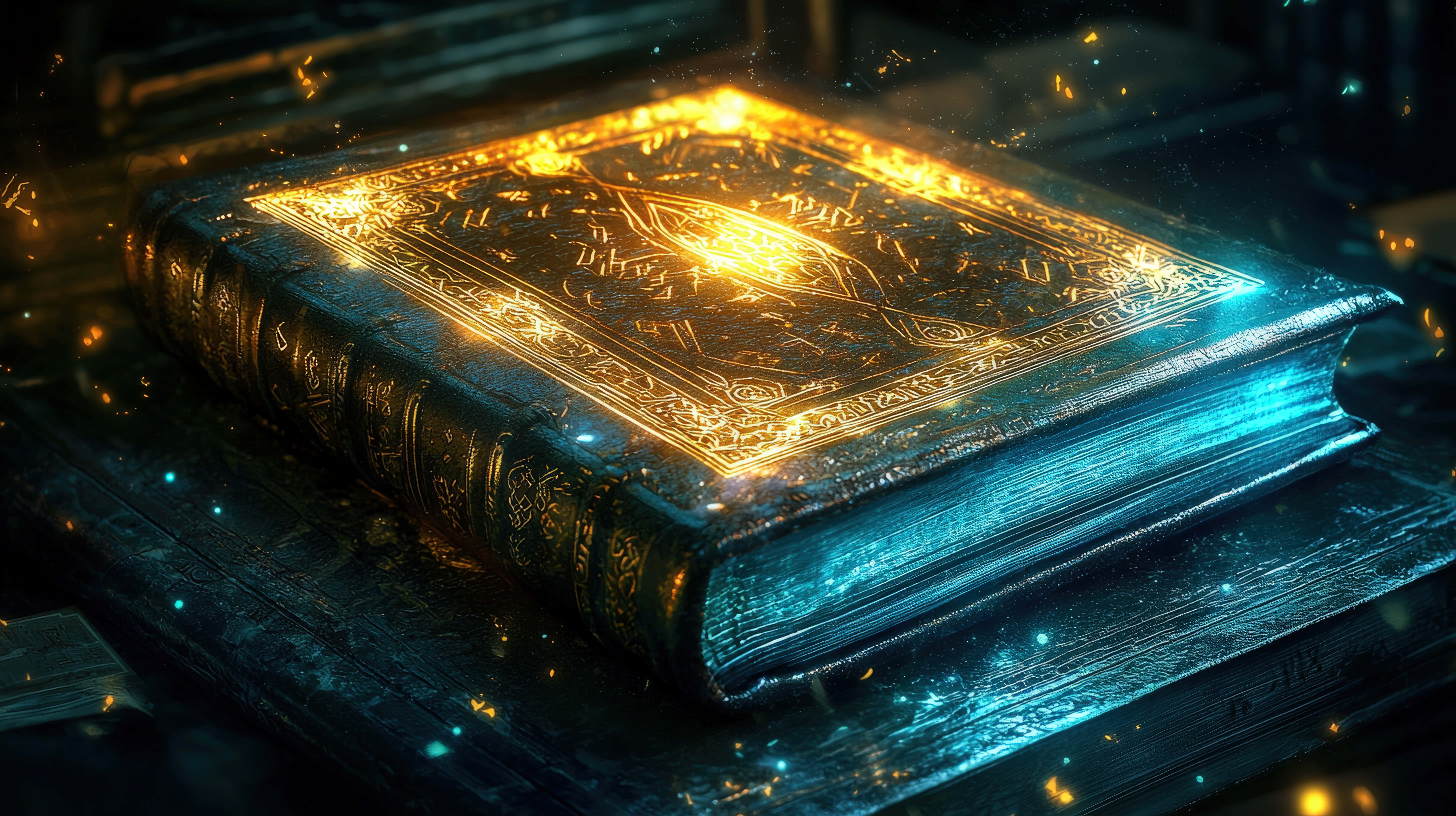 enchanted ancient book, glowing golden and blue magical aura, dark wooden surface, 8K Desktop Wallpaper