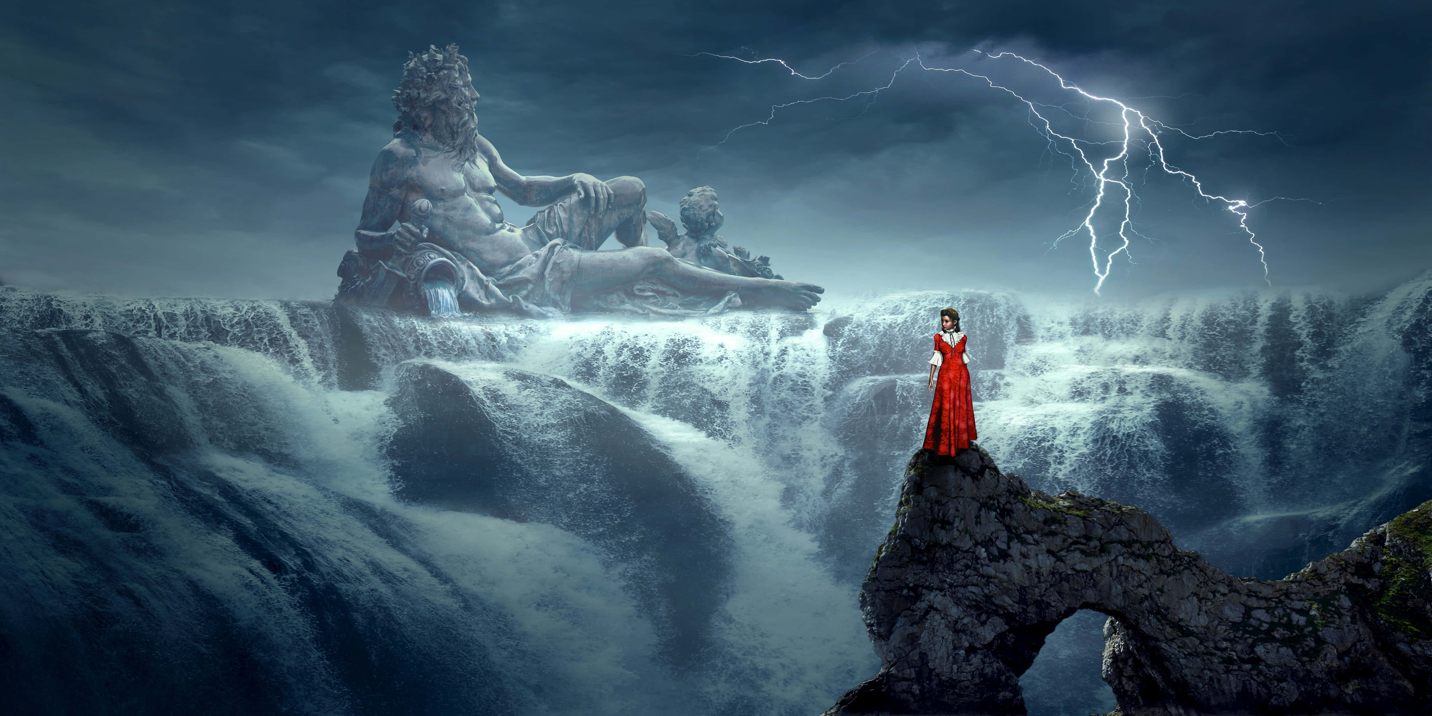 Mystical Woman, rocky arch, stormy sea, 4K Desktop Wallpaper
