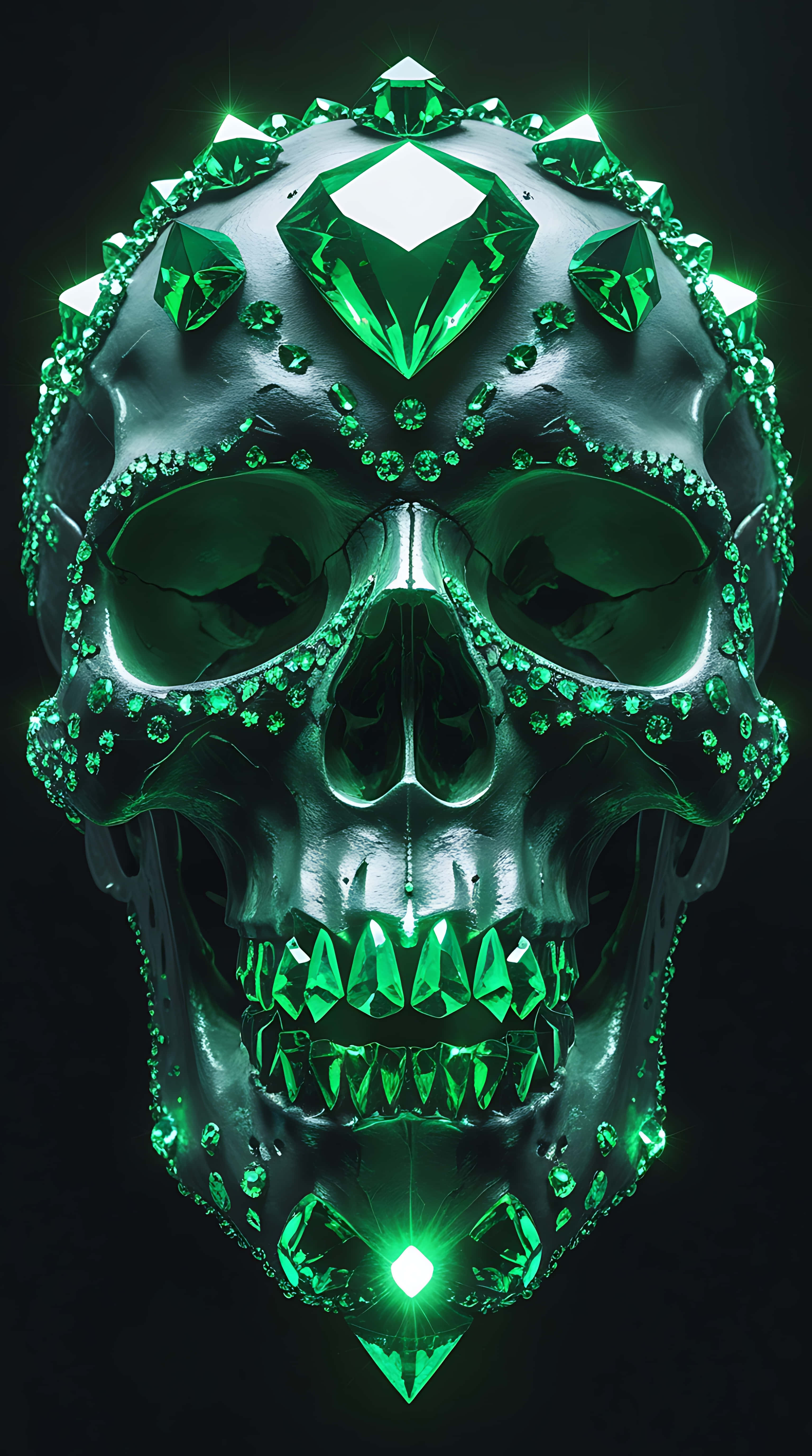 crystal-encrusted skull, enchanting green glow, glossy black skull, 5K Phone Wallpaper