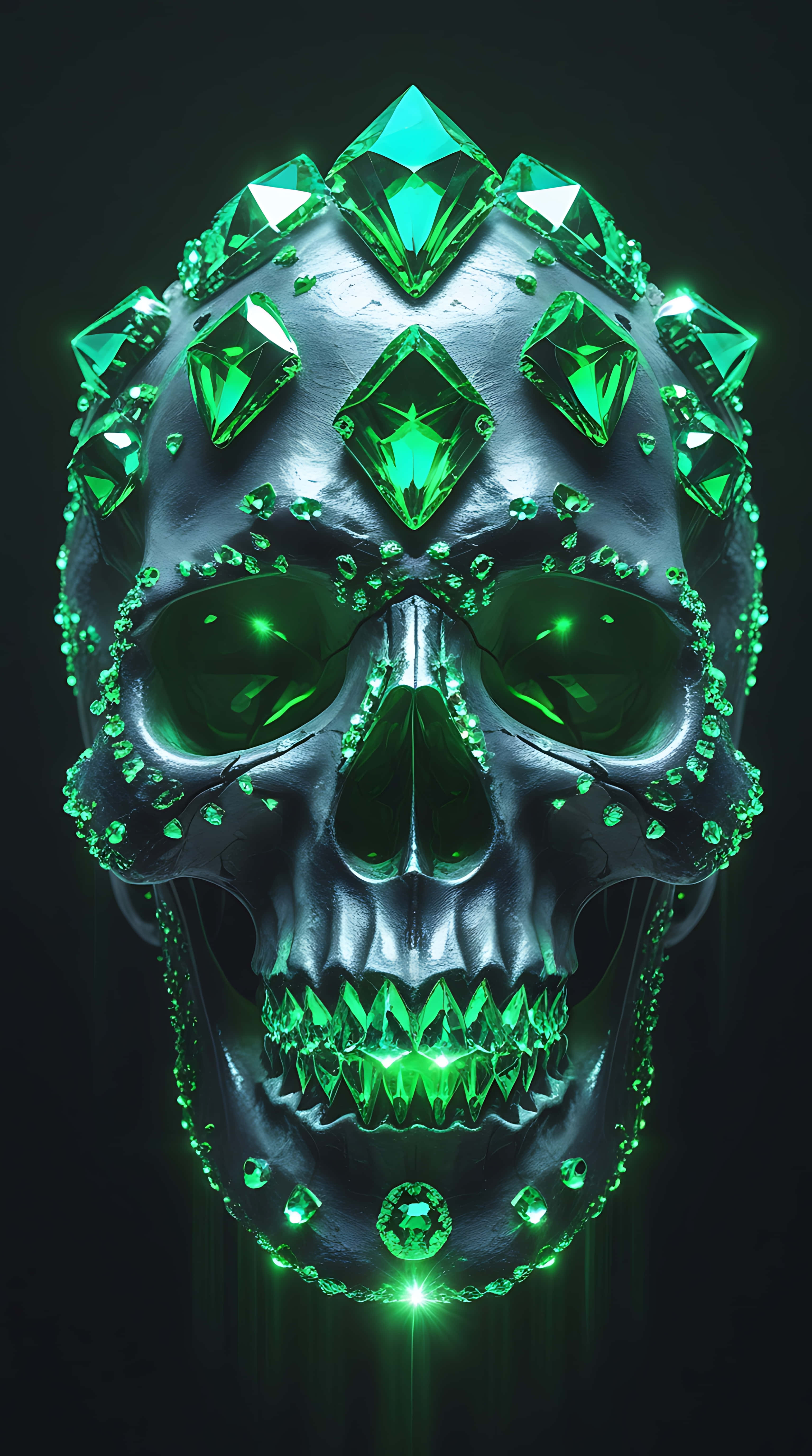 crystal-encrusted skull, enchanting green glow, metallic skull, 5K Phone Wallpaper